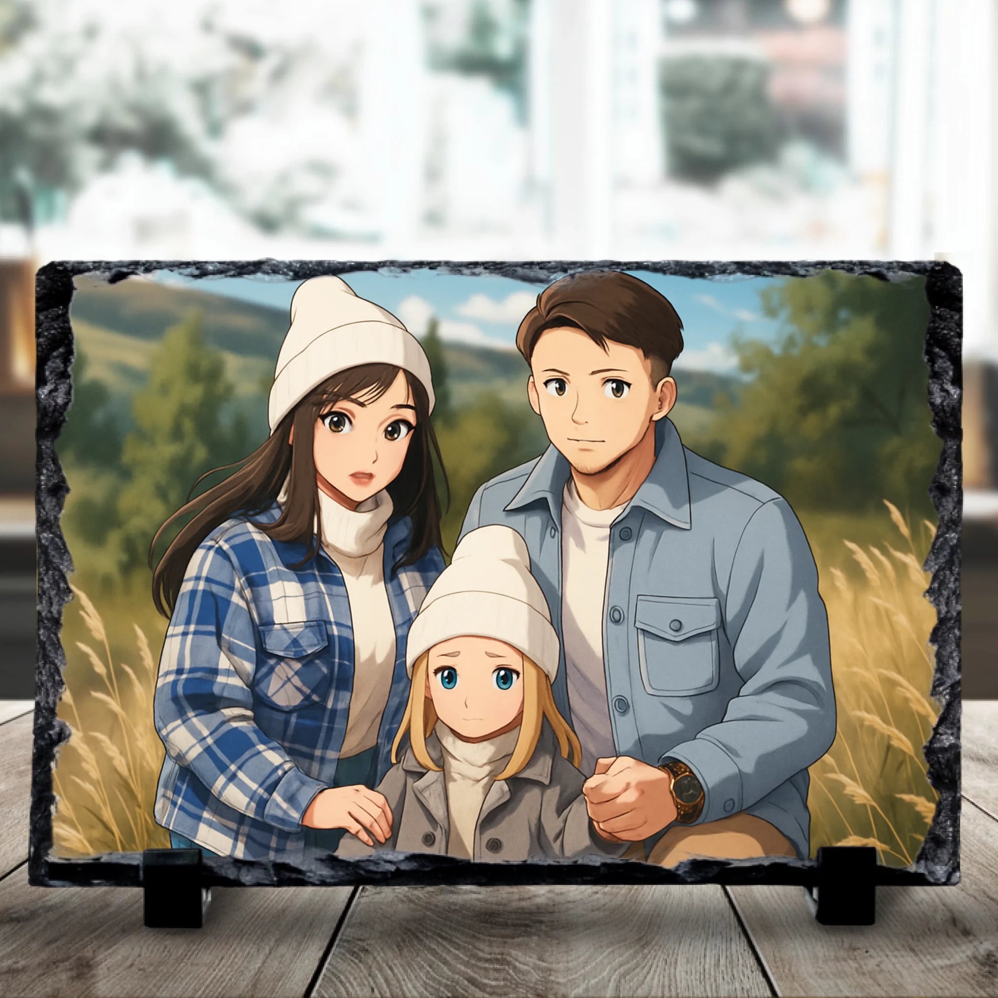 Custom personalised anime photo slate showing a portrait converted into anime art style