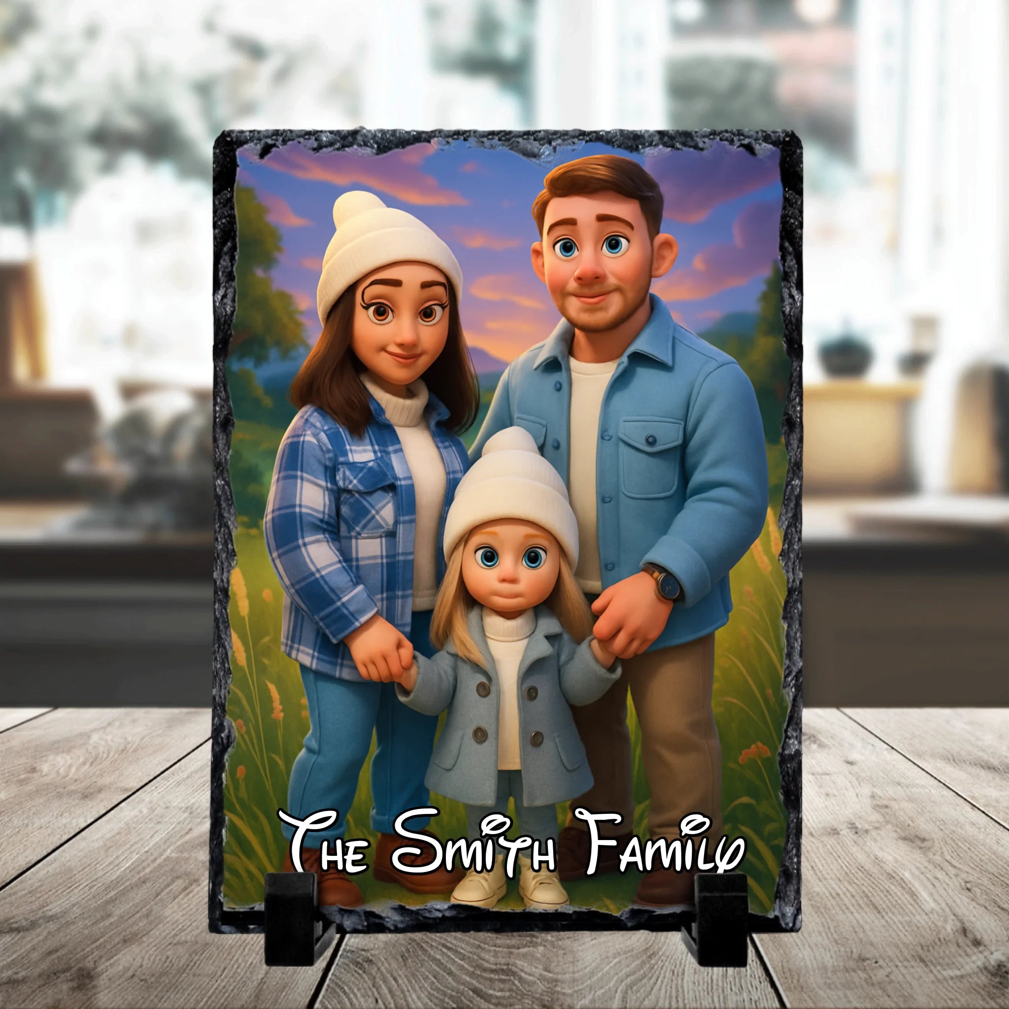 Personalised photo slate with a fairytale style cartoon portrait printed on it