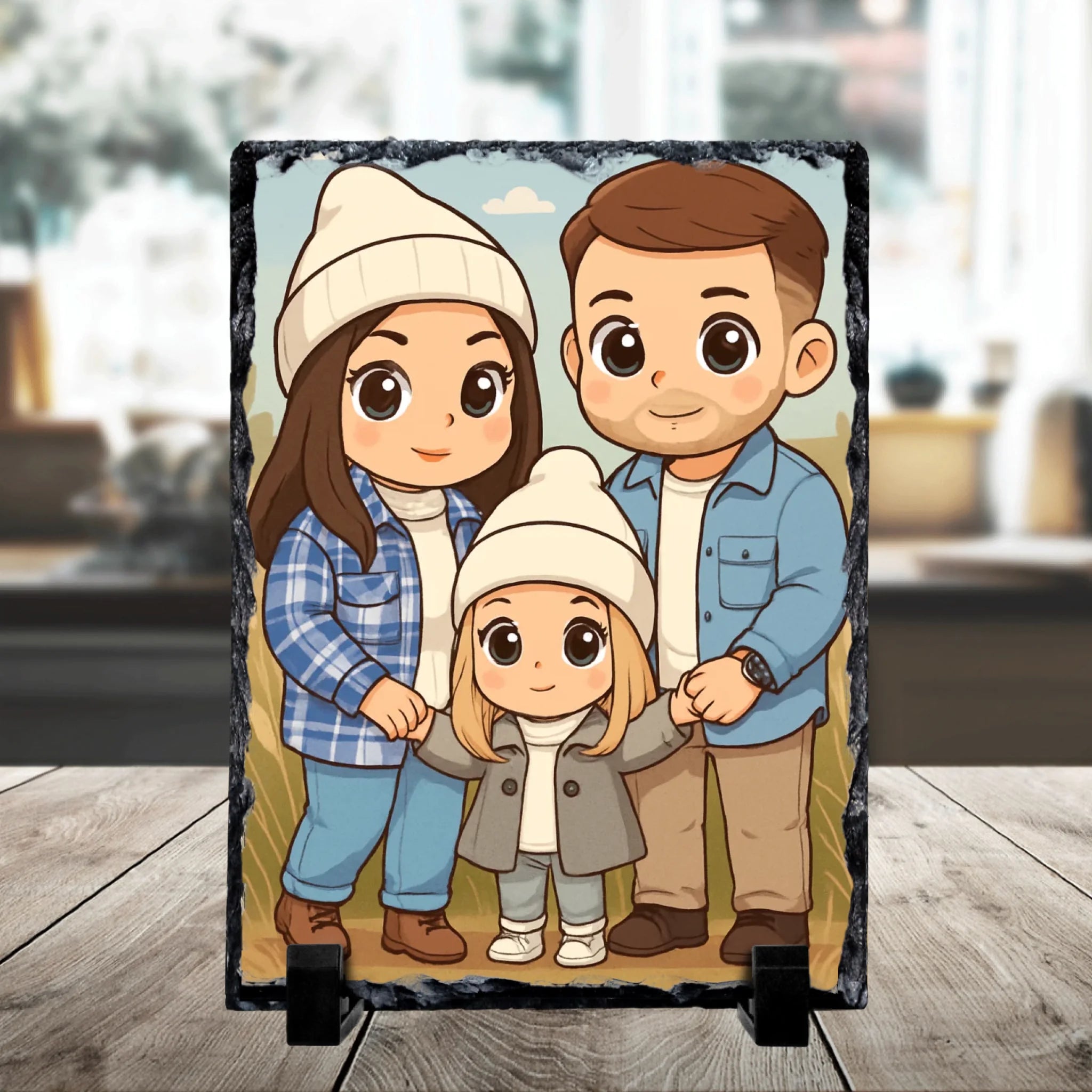 Personalised photo slate with chibi style cartoon portrait printed on stone