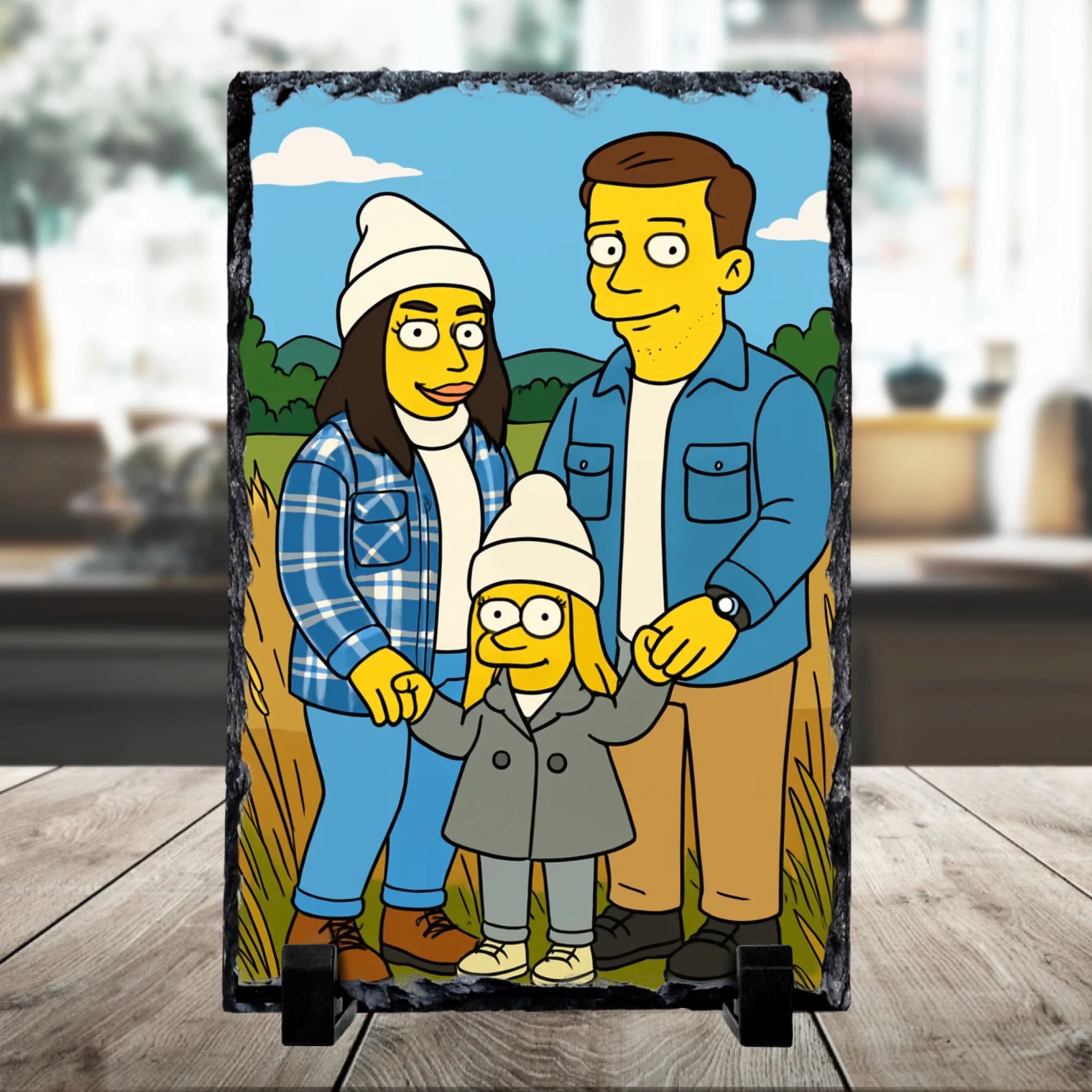 Custom cartoon portrait personalised photo slate showing a illustrated character based on a real photo