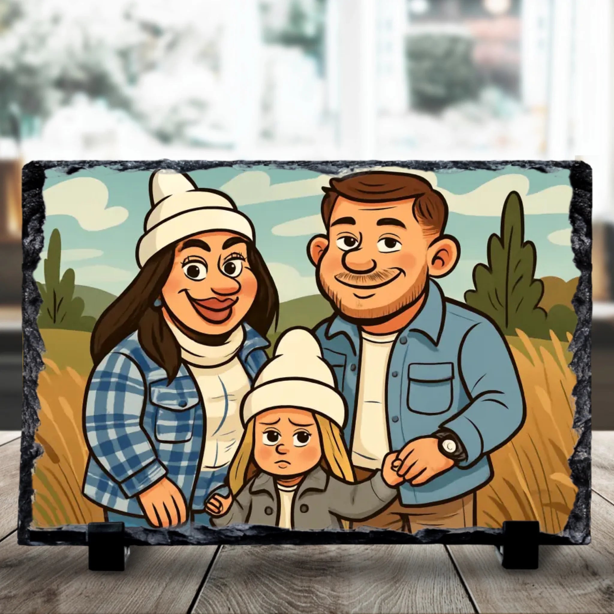Personalised photo slate with a cartoon caricature style portrait printed on stone