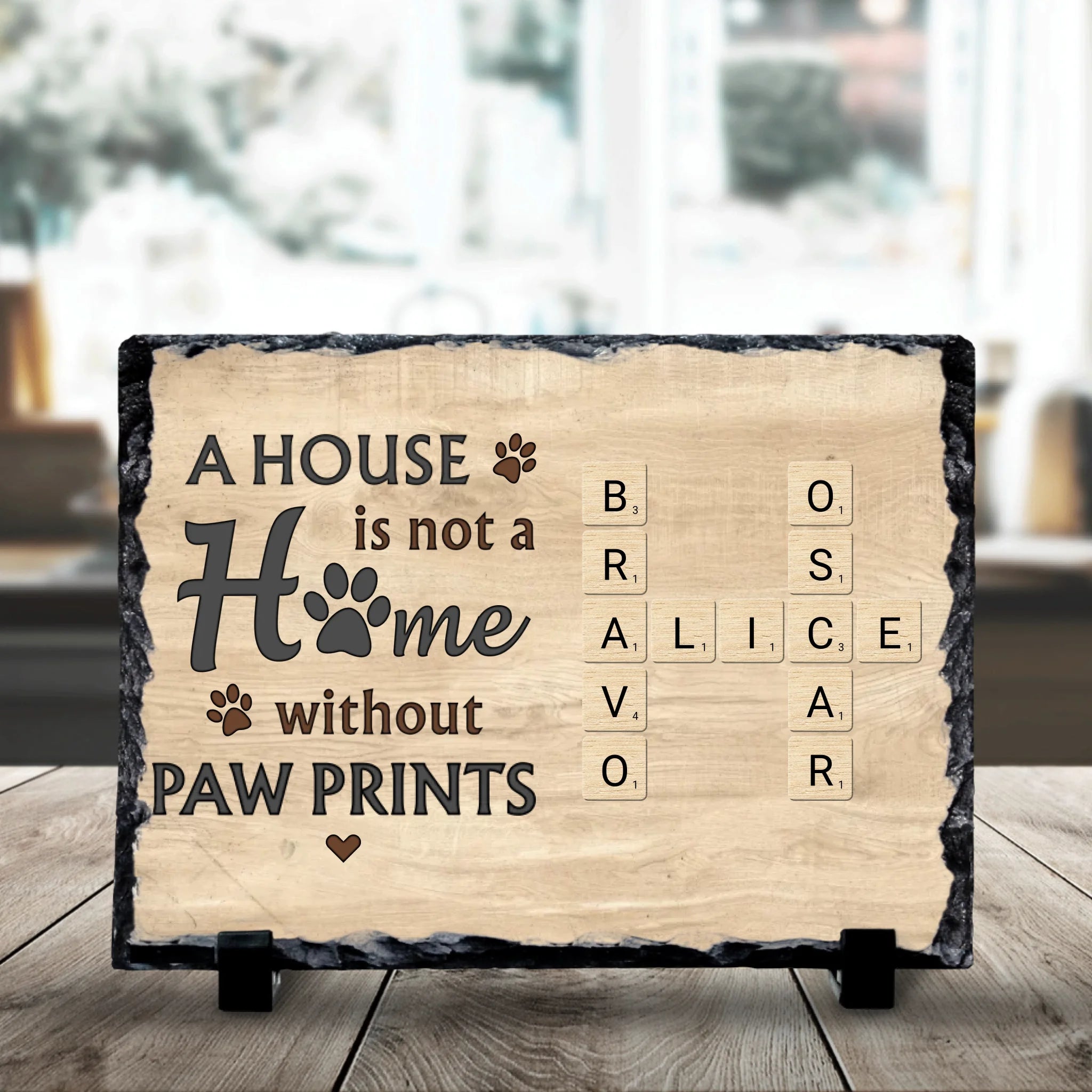 Custom pet photo slate with crossword layout printed on natural slate, 19x14cm size