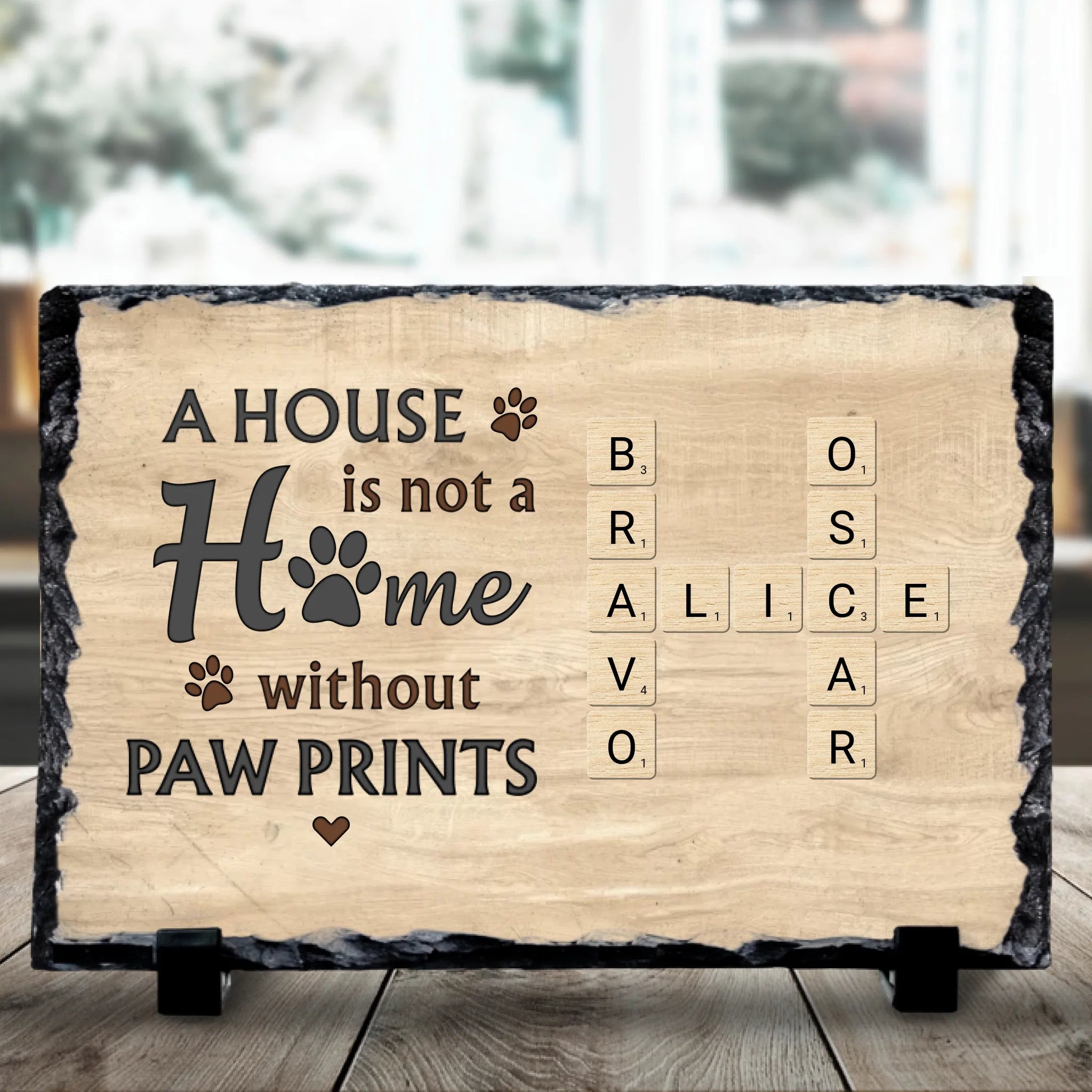 Close-up of a personalised pet crossword photo slate gift with custom pet names