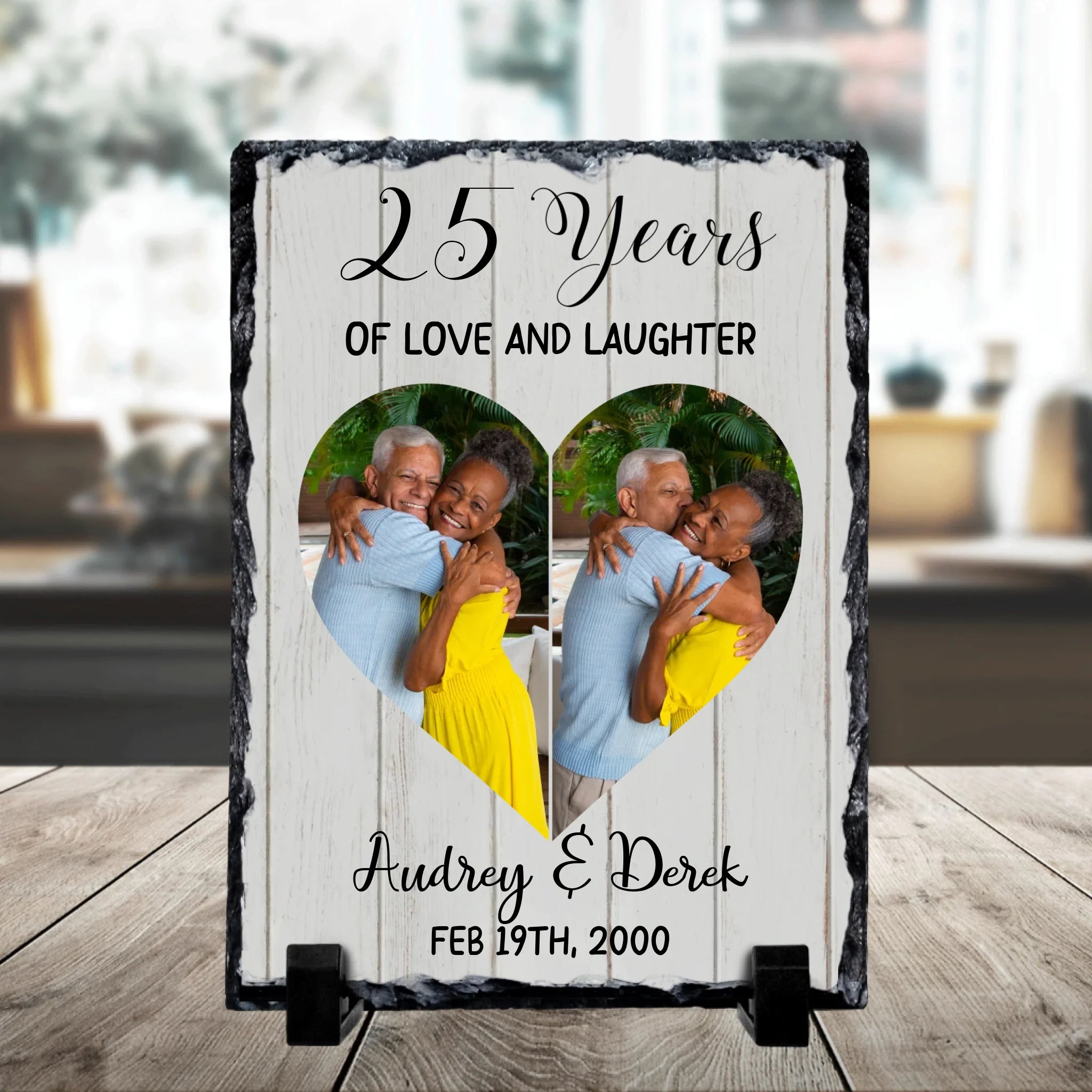 Custom photo slate gift showing personalised layout with couples names and anniversary year