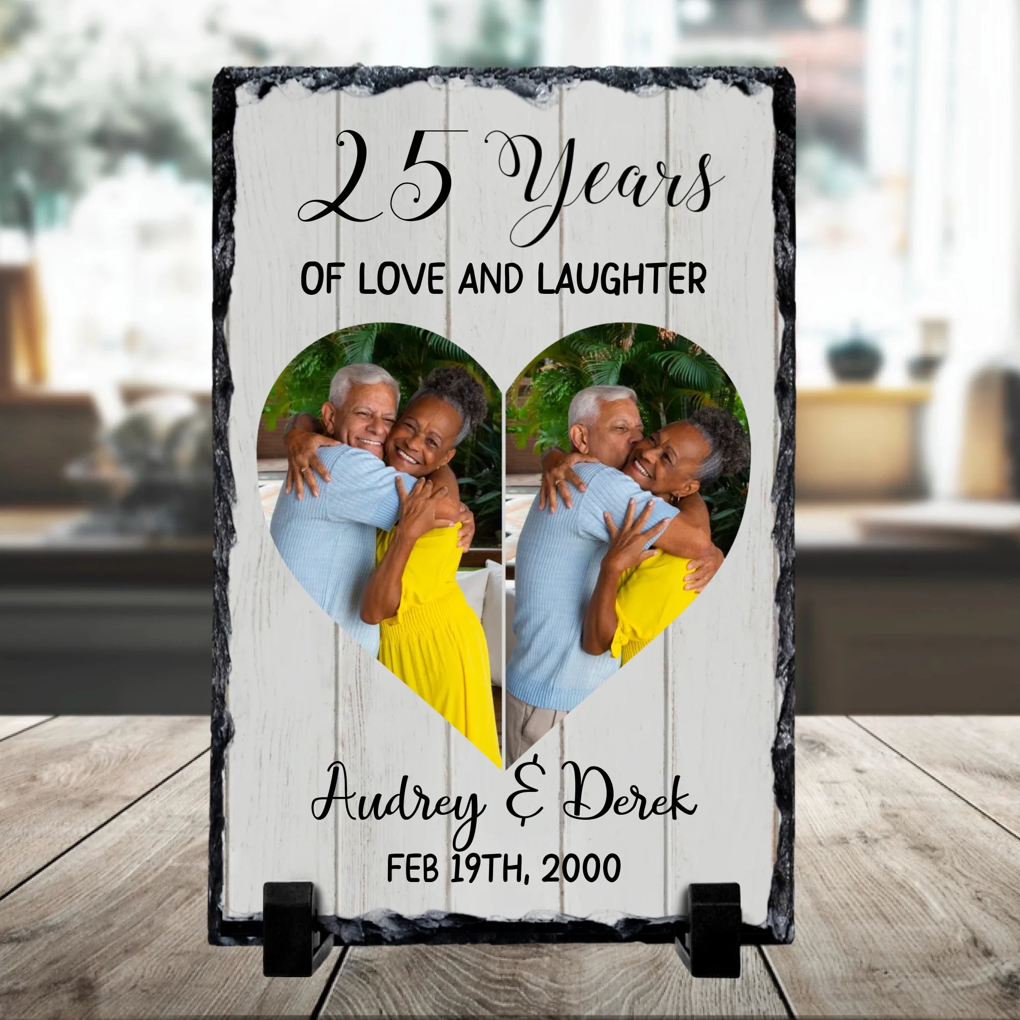 Close-up of a personalised photo slate with two photos printed on natural slate