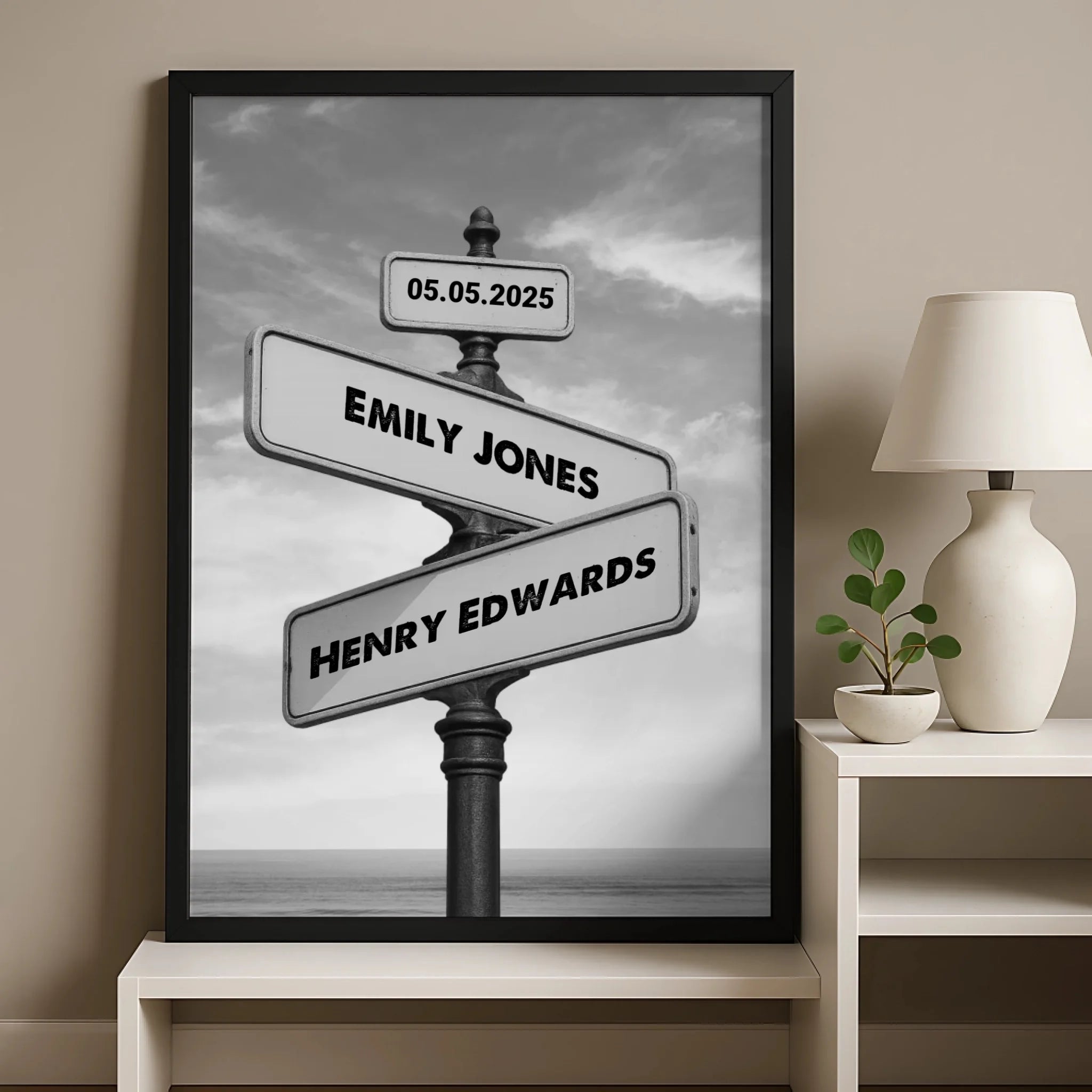 Custom photo frame with couples street sign design shown from the front