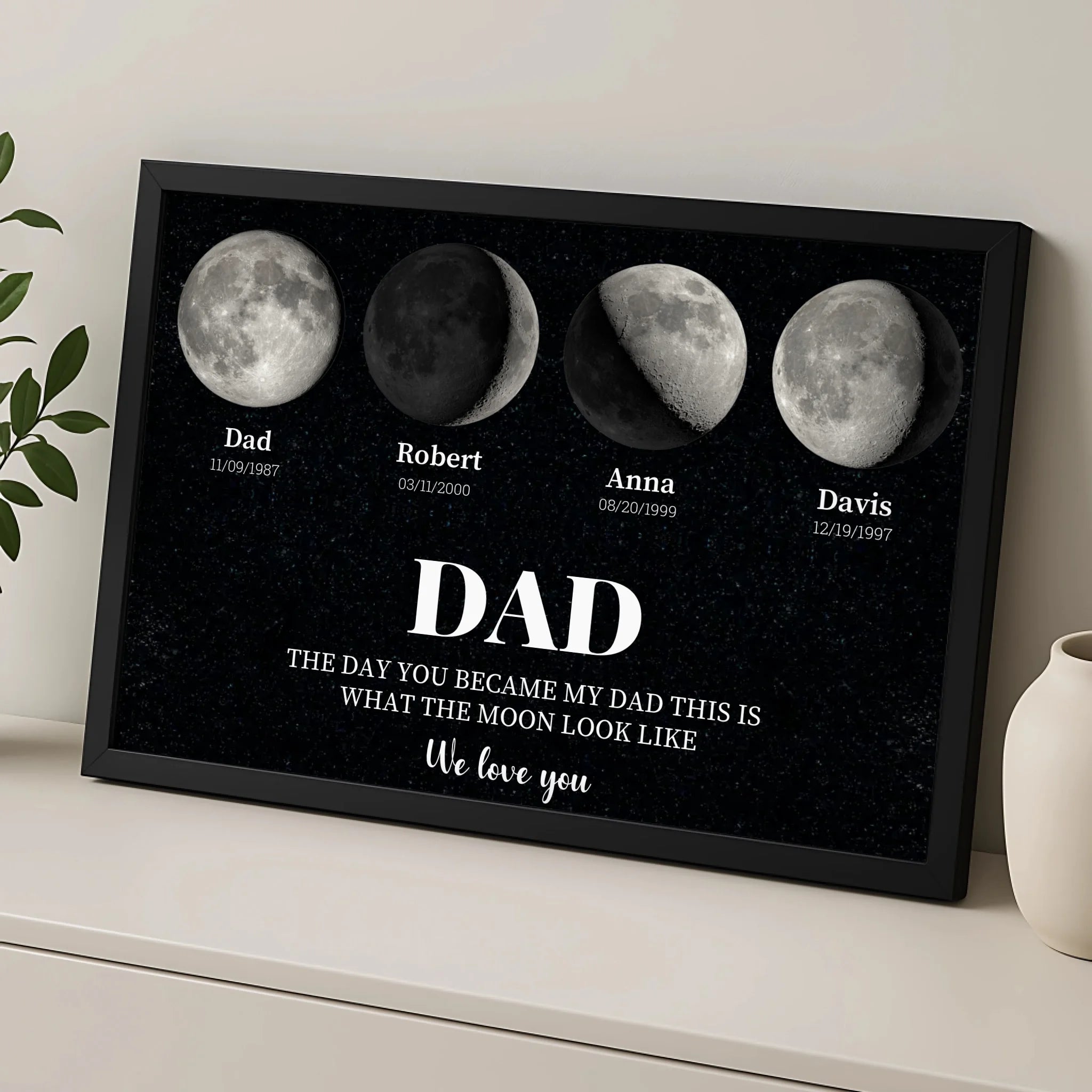 Personalised photo frame gift for dad featuring moon phase design and children's pictures