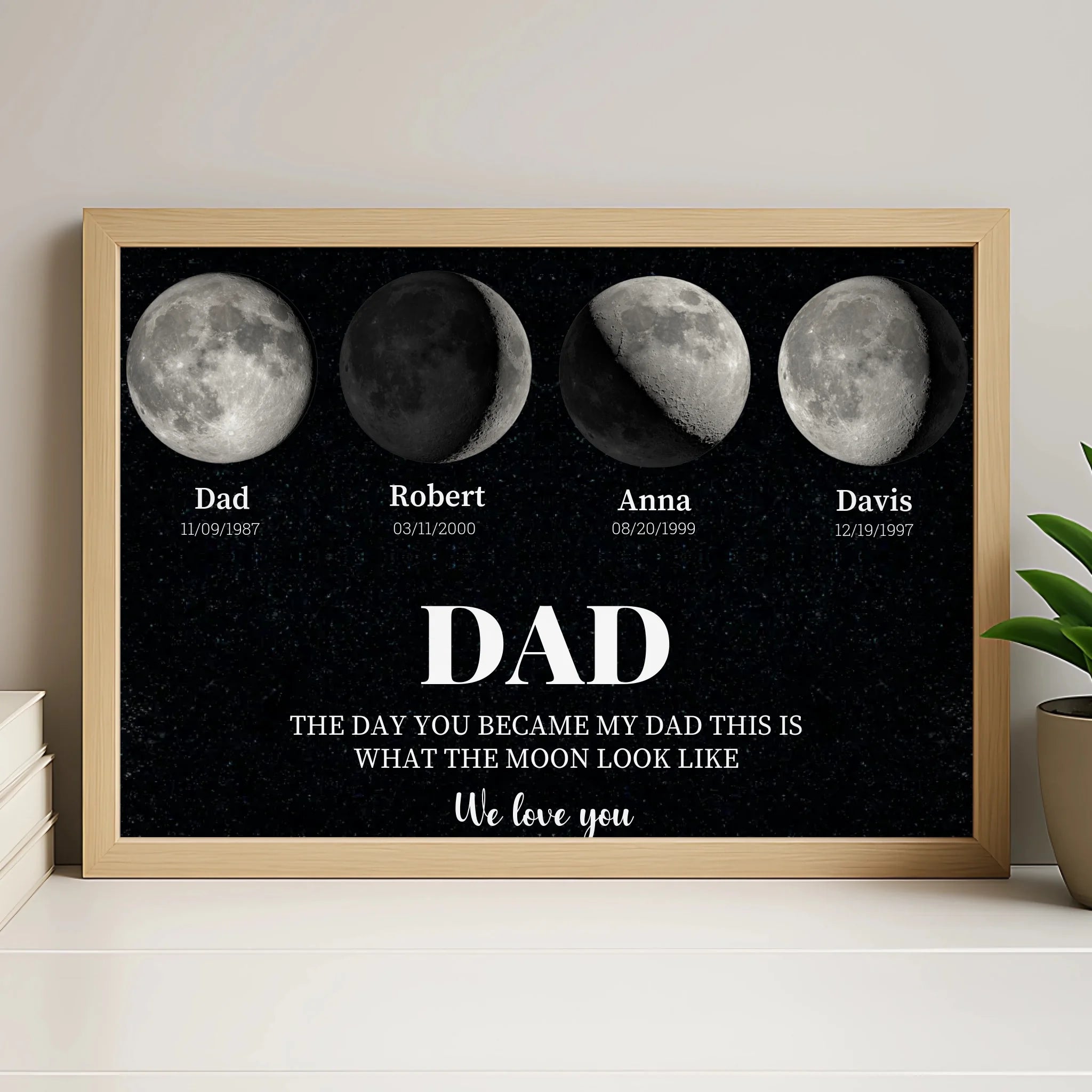 Moon phase personalised photo frame in white finish showing custom photo and name