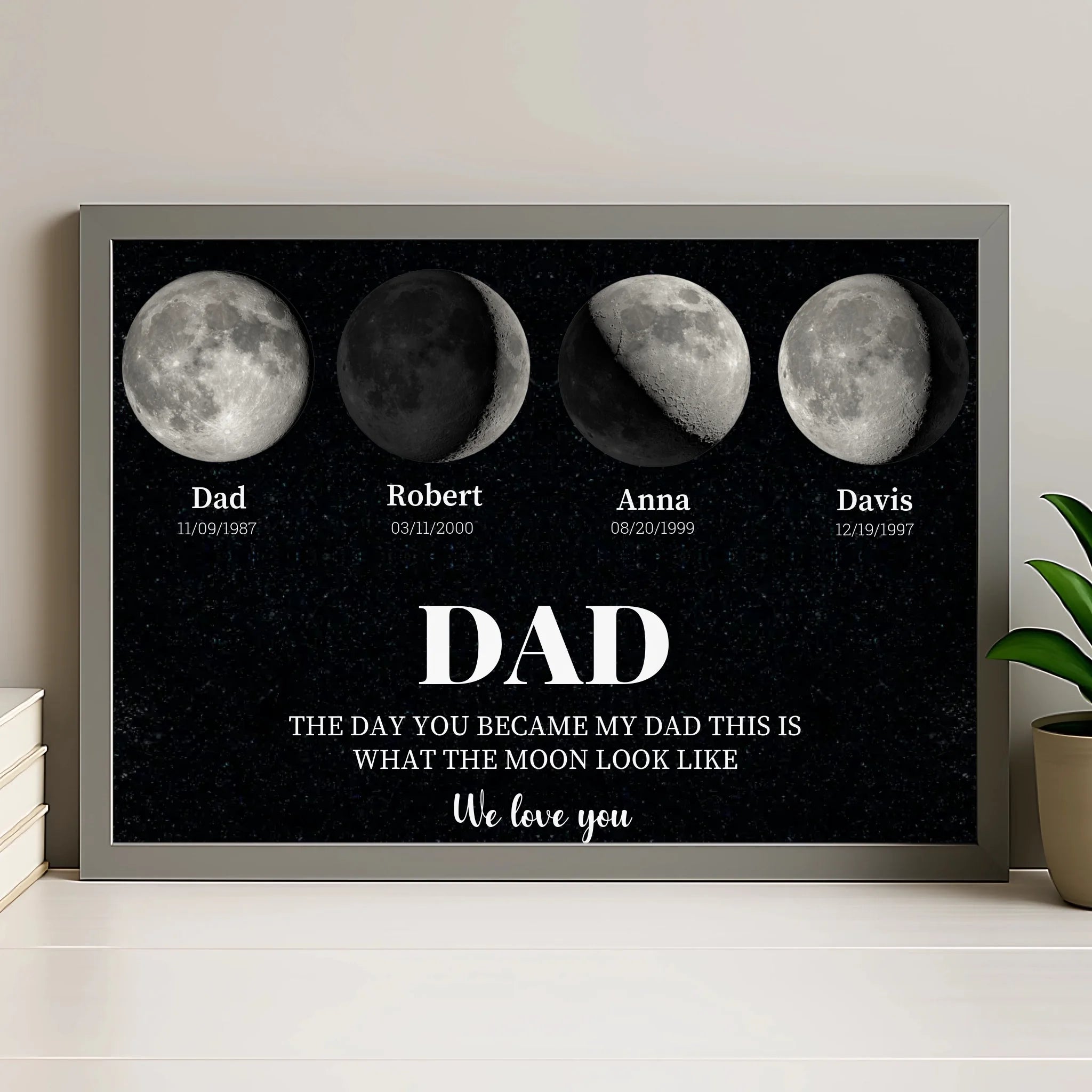 Moon phase personalised photo frame in grey finish with custom children's photos