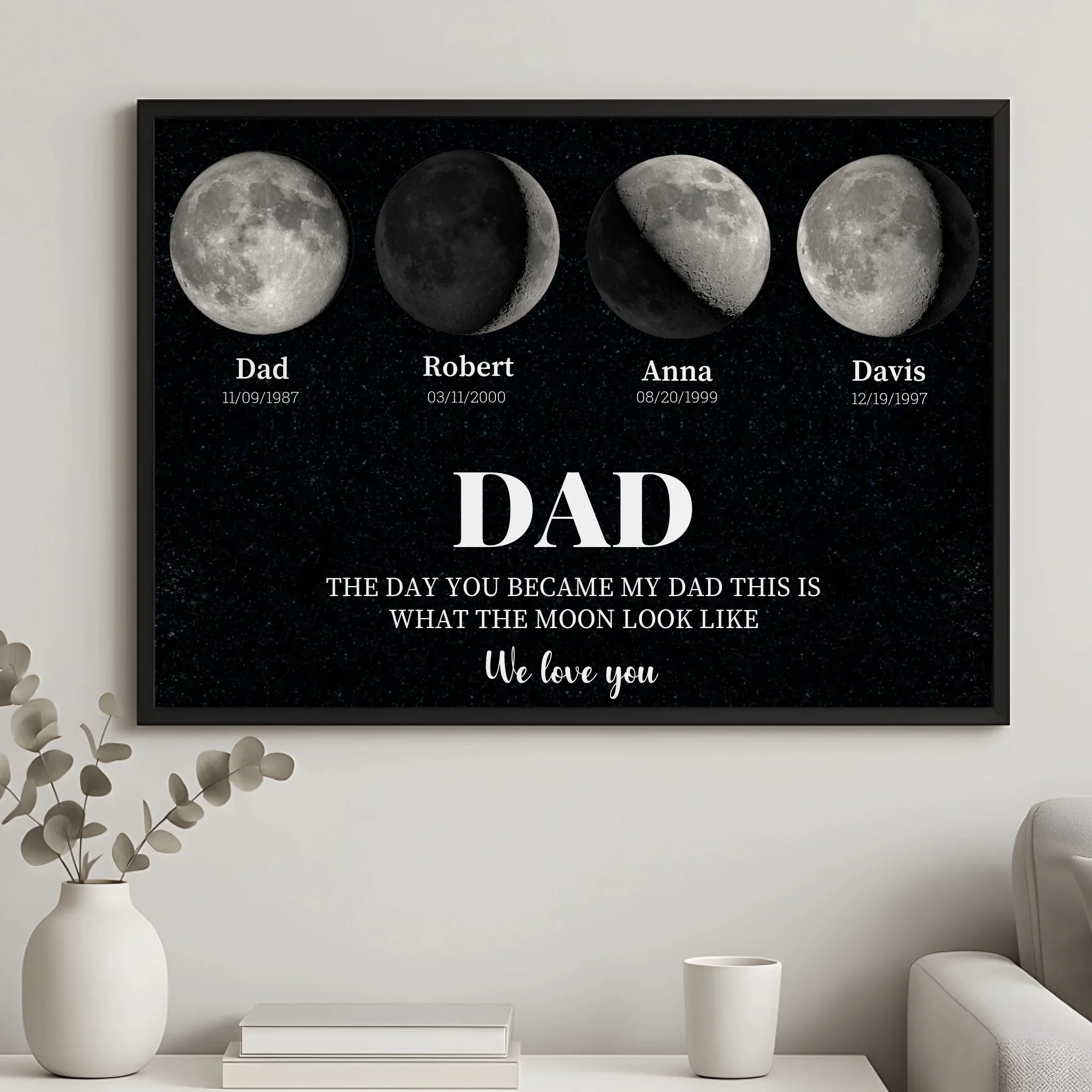 A3 personalised moon phase photo frame displayed on a wall as custom home decor