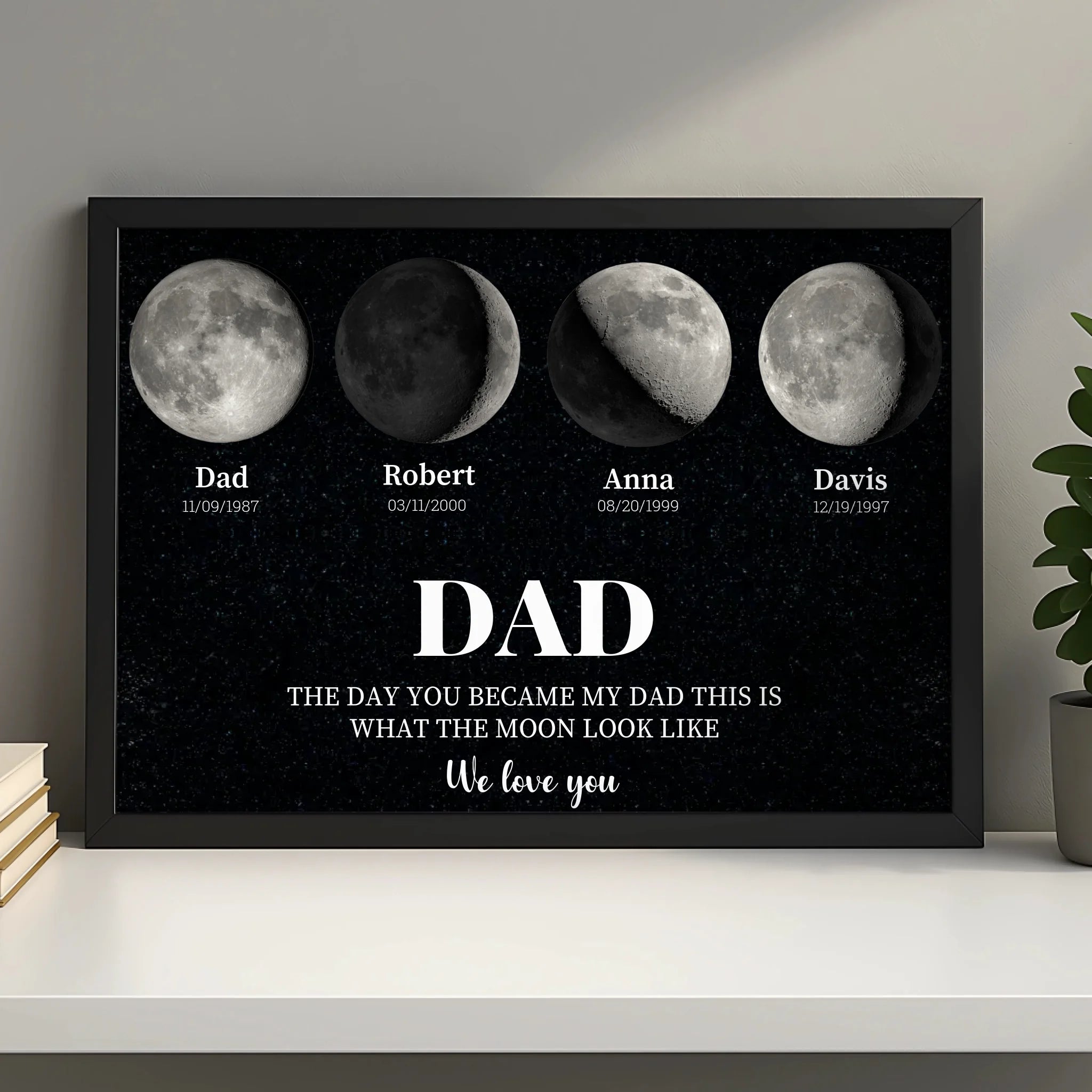 Personalised moon phase photo frame with space for up to three children's photos