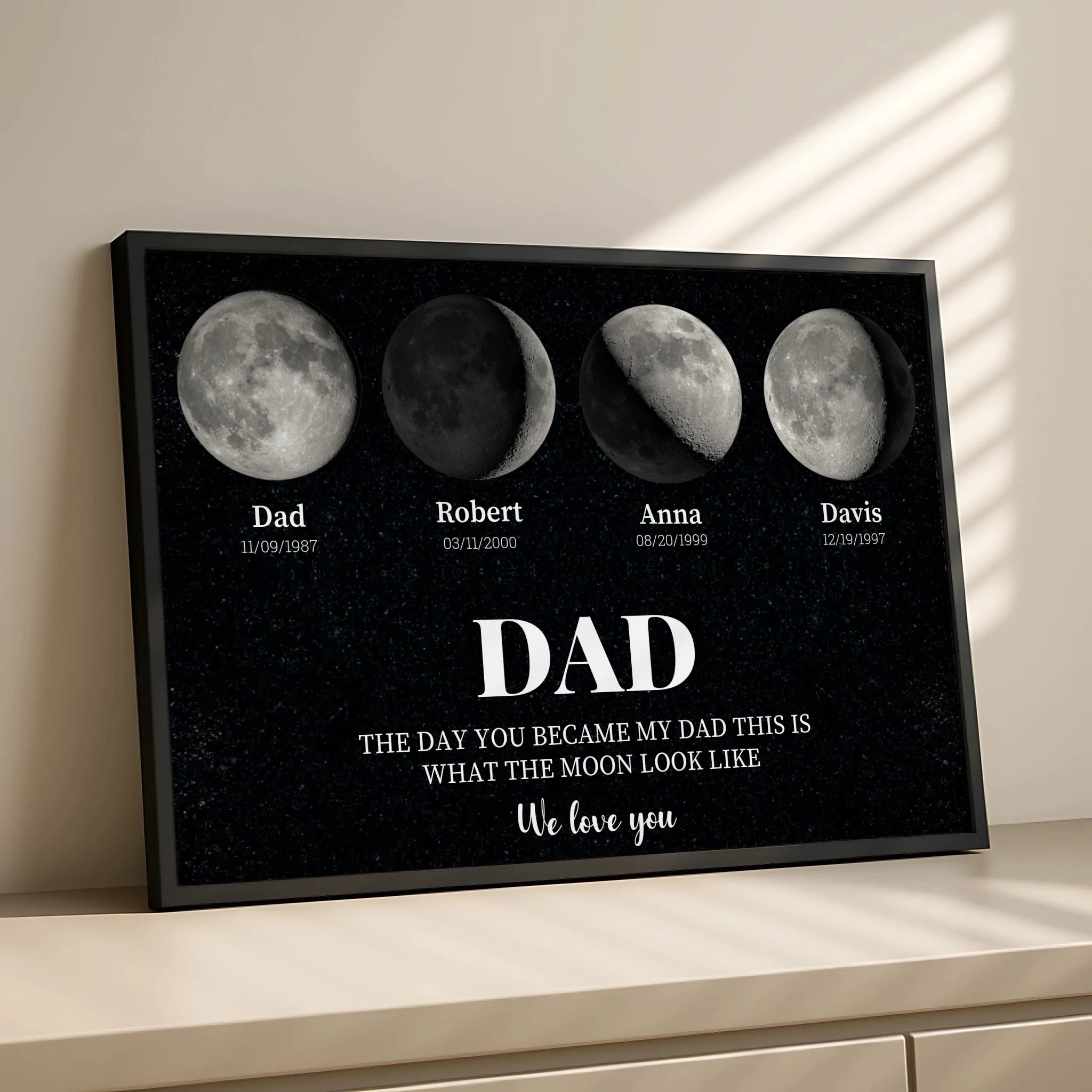 Moon phase personalised photo frame shown in A3 size as wall art