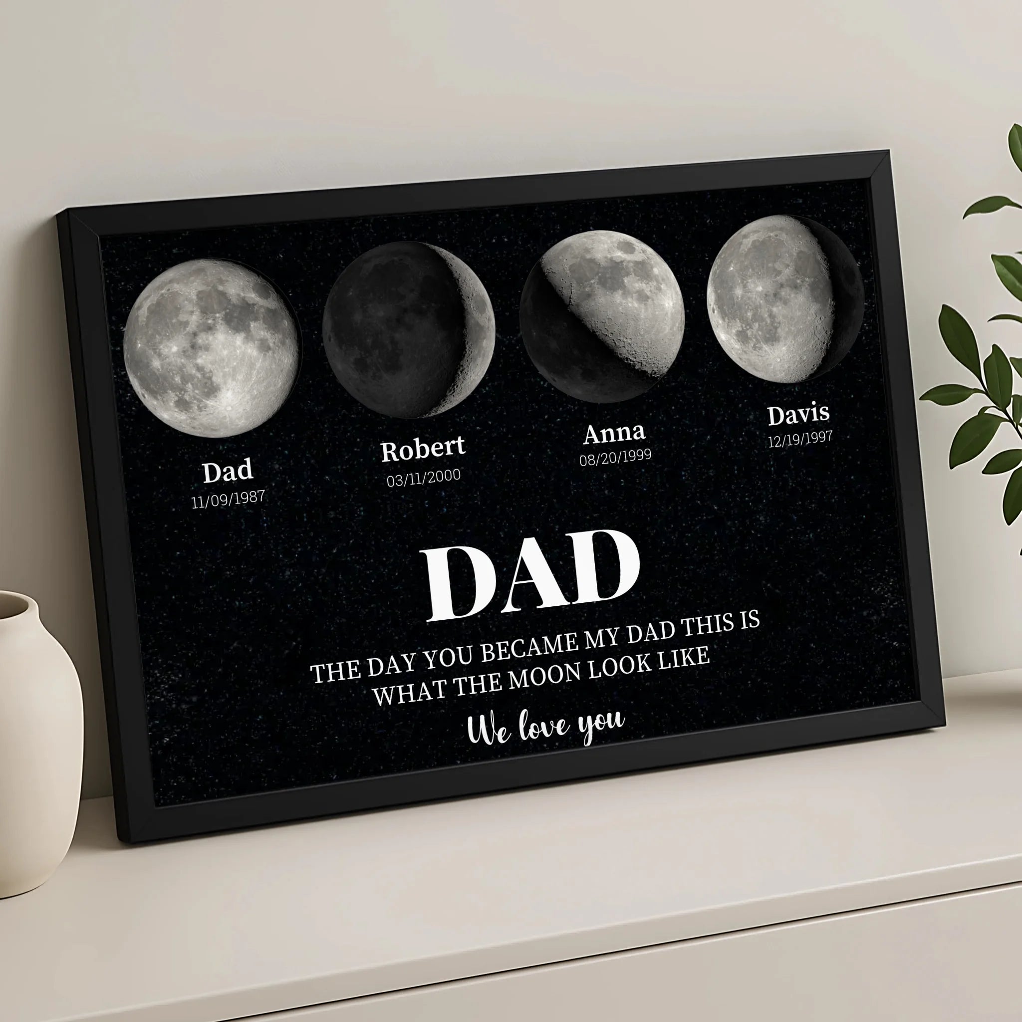 Custom A4 moon phase photo frame printed with children's names and photos
