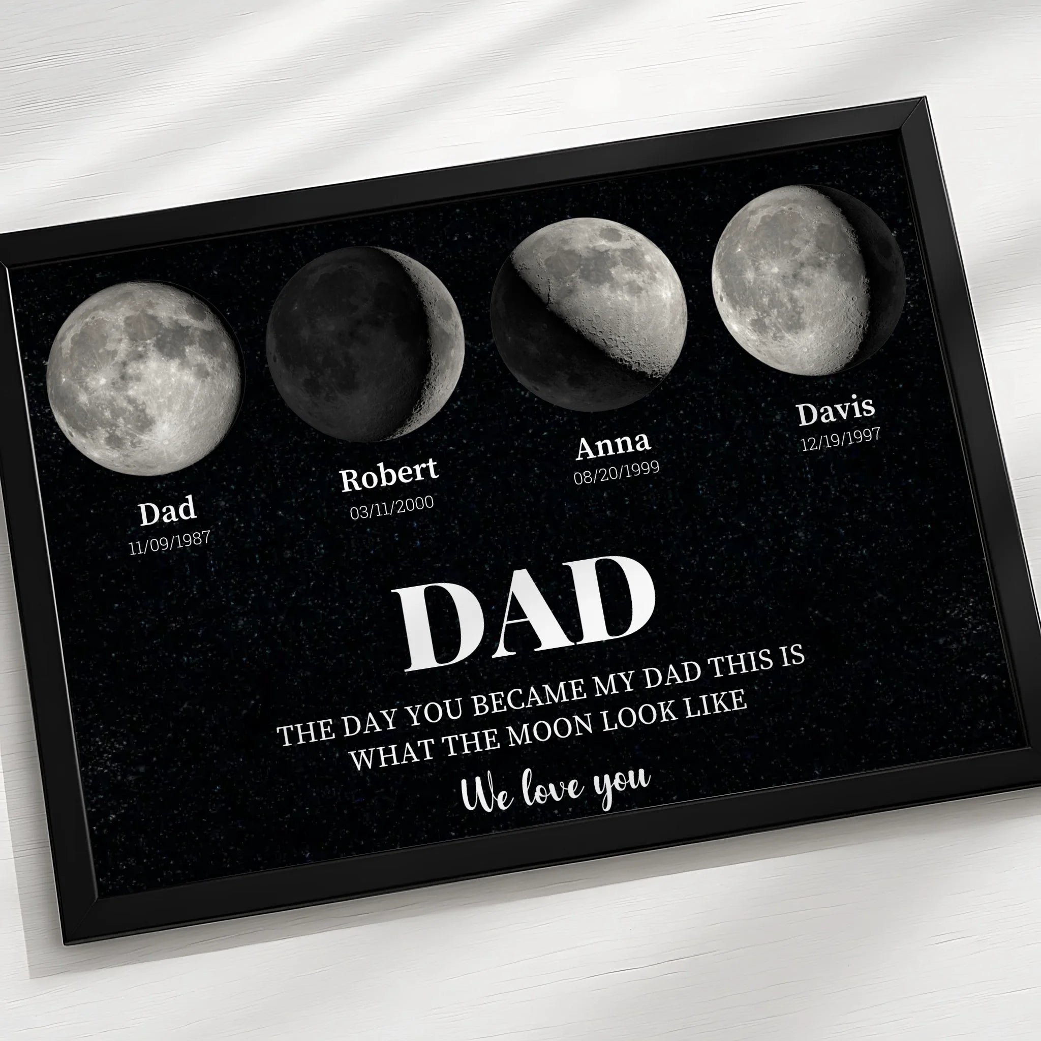 Close-up of moon phase custom photo frame with personalised text and photo slots