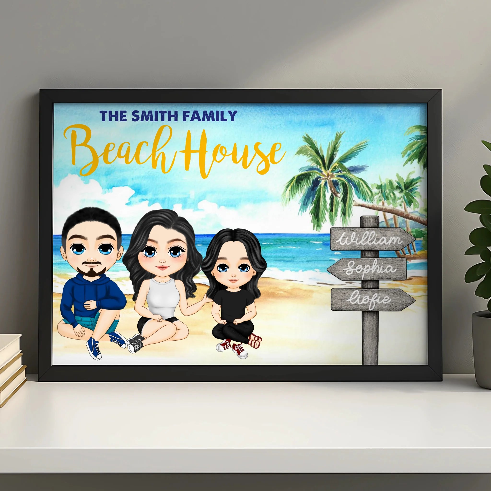 Personalised family beach holiday photo frame in A4 showing a design for up to 2 children
