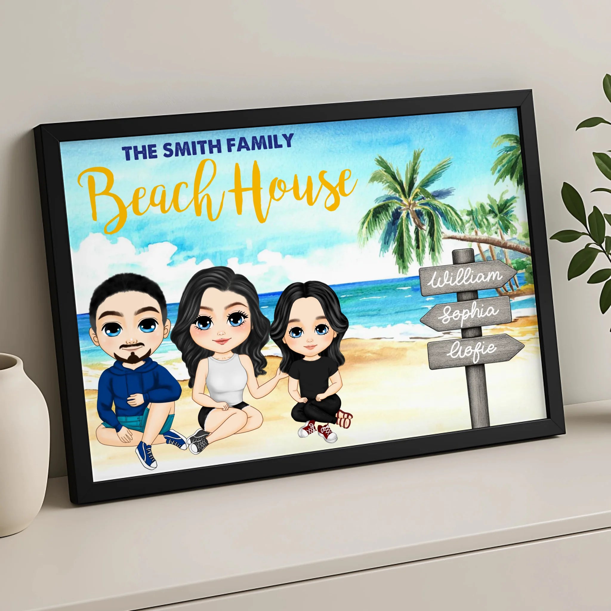 Custom photo frame with a beach holiday illustration for families, shown in A4 size
