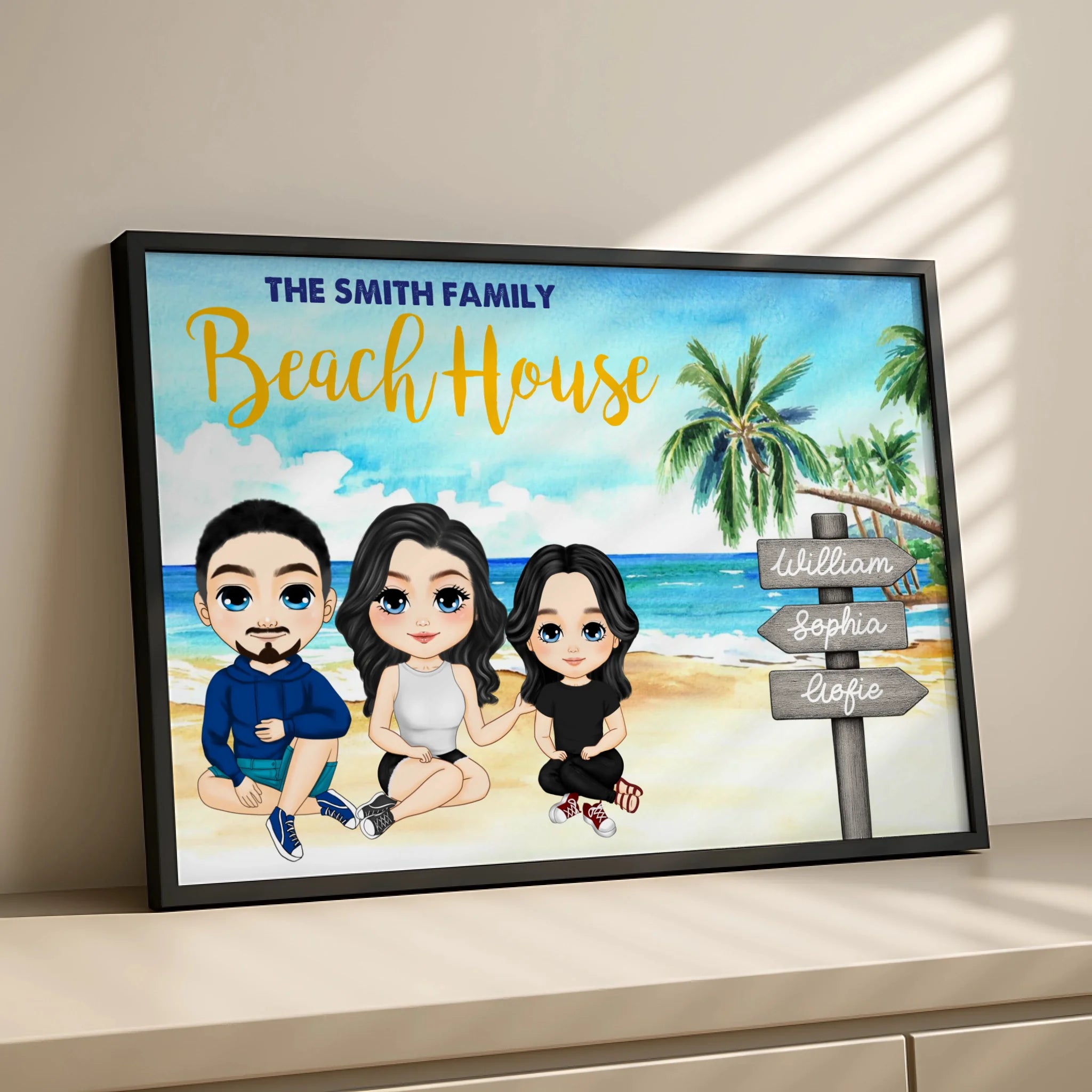 Personalised beach holiday photo frame with family design displayed on a wall