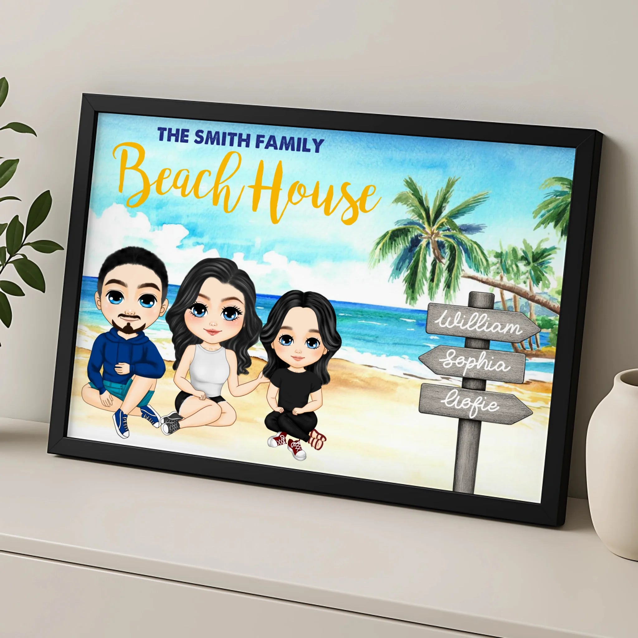 Close-up of a personalised family photo frame with beach holiday theme
