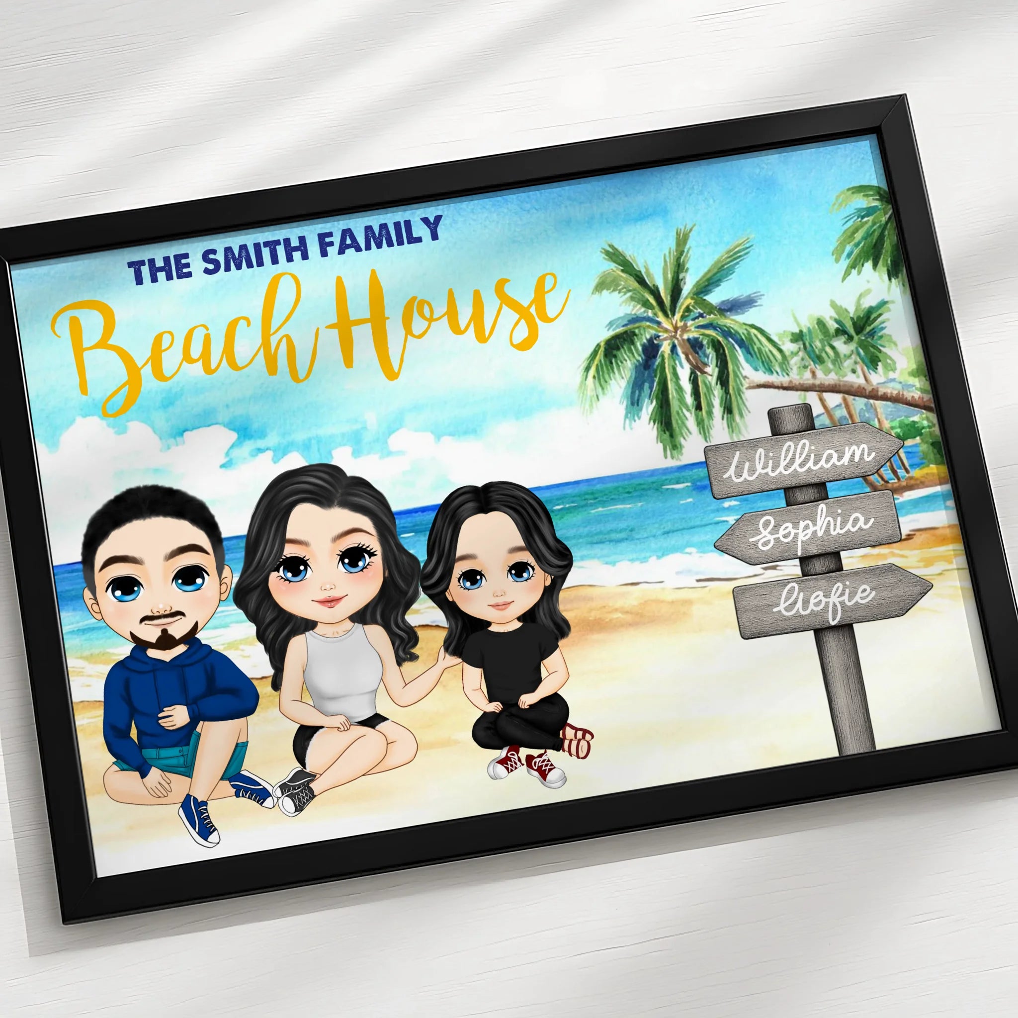 A4 personalised photo frame with beach holiday design for a family with up to 2 children