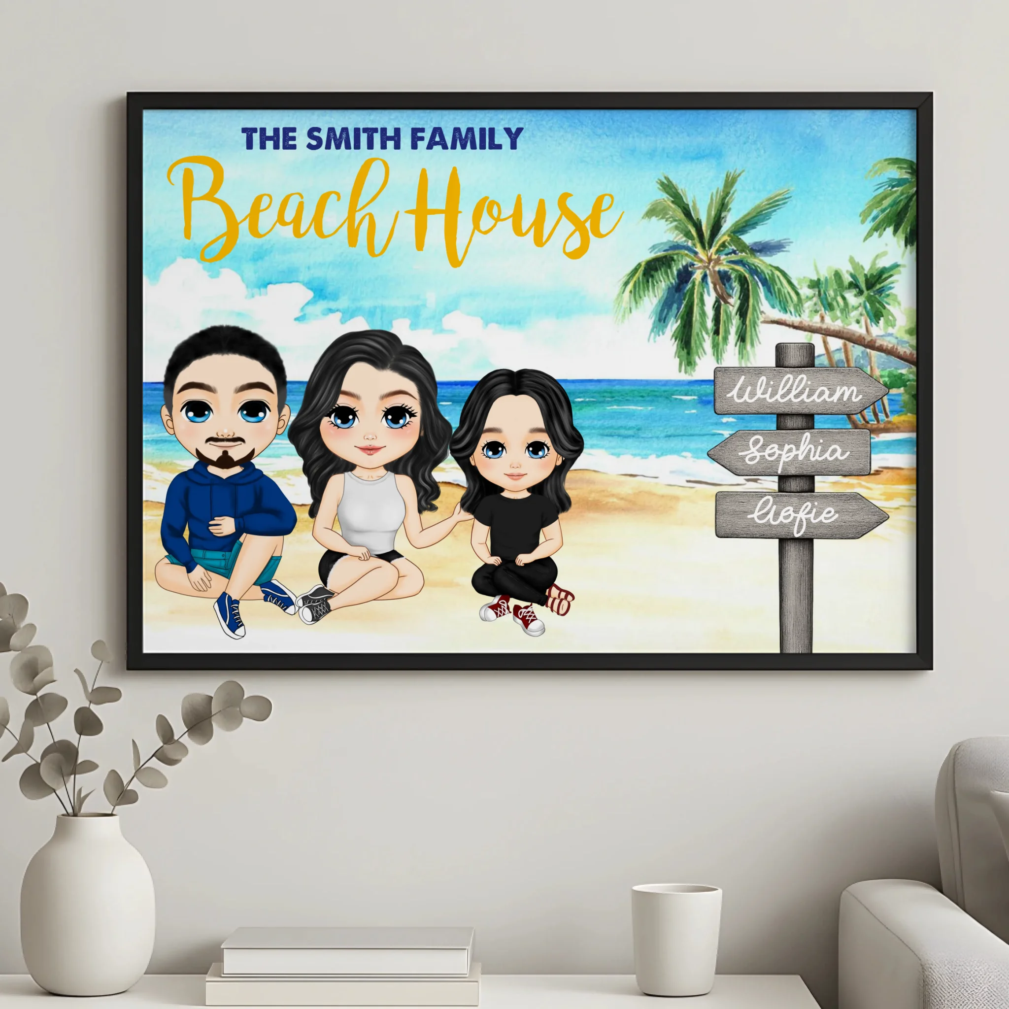 Custom wall art photo frame featuring a family beach holiday scene