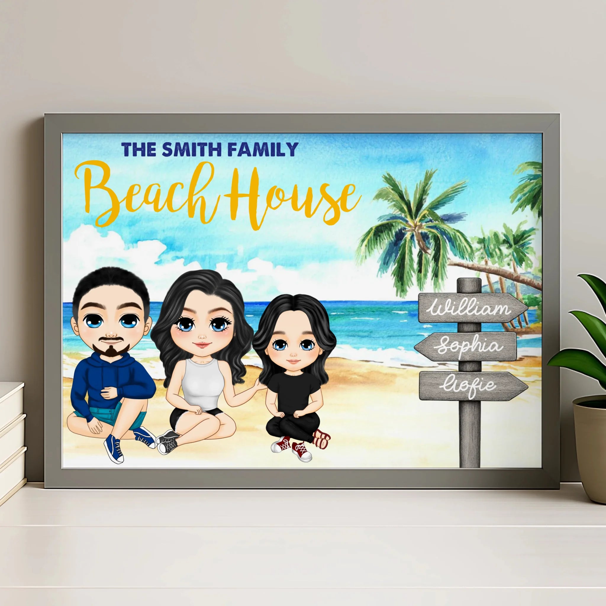 Personalised family beach photo frame shown in a grey frame finish