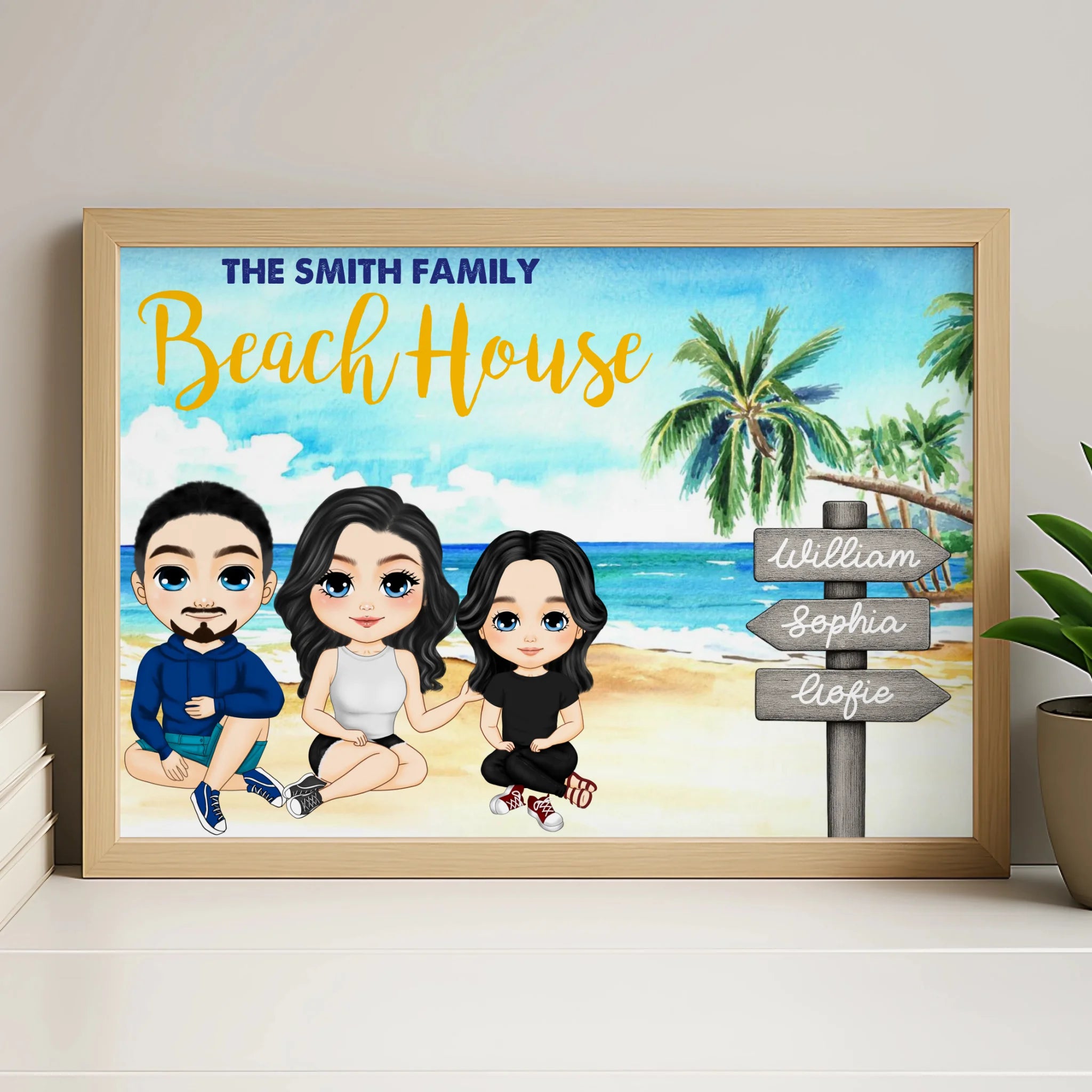 Personalised family beach holiday photo frame in a white frame finish