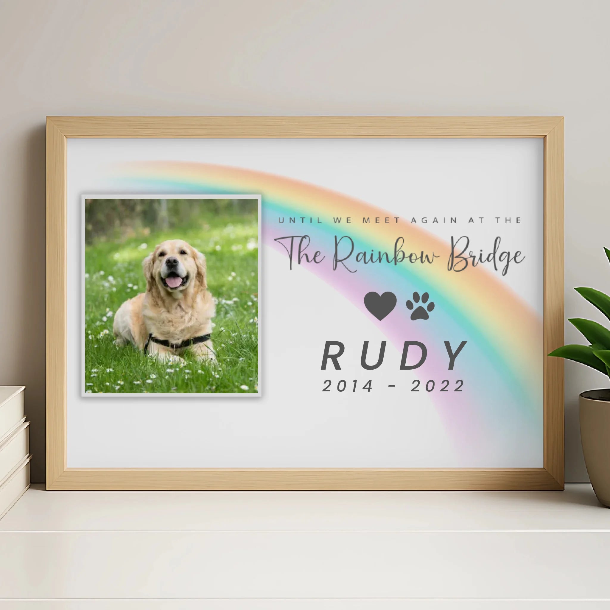 Custom Rainbow Bridge memorial photo frame in white finish for wall display