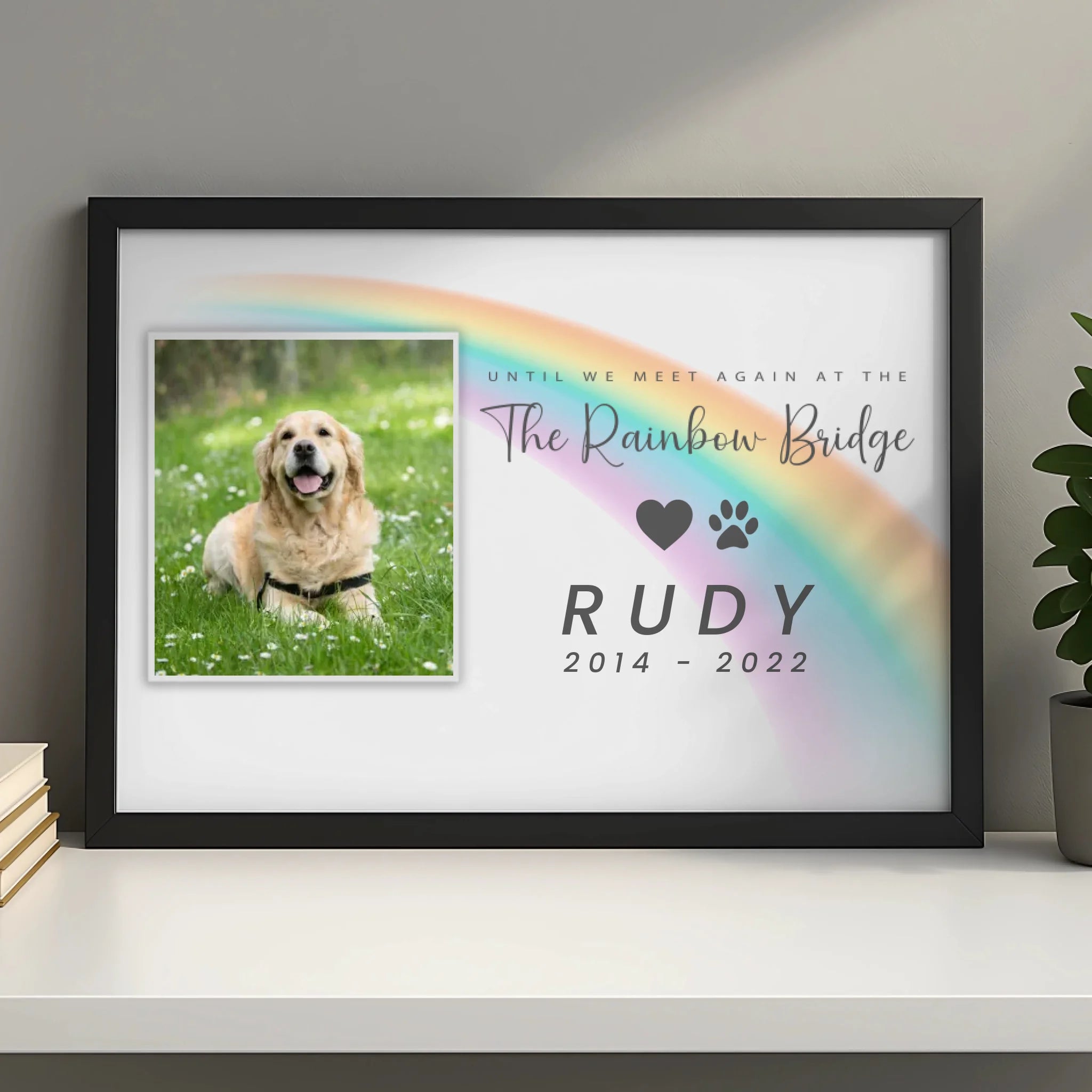 Personalised Rainbow Bridge pet memorial photo frame in A4 size showing custom text and photo