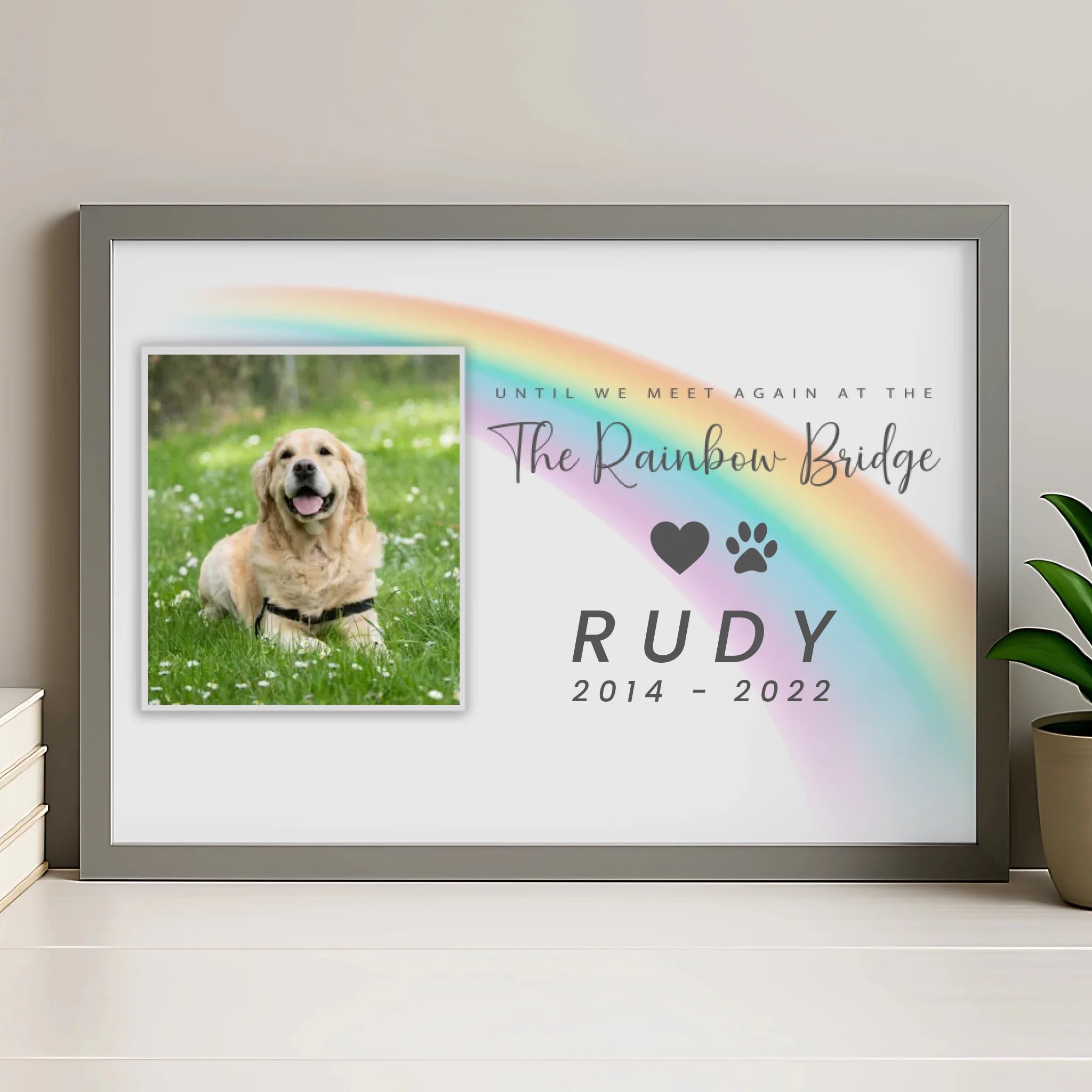 Personalised pet memorial photo frame in grey frame finish with custom photo