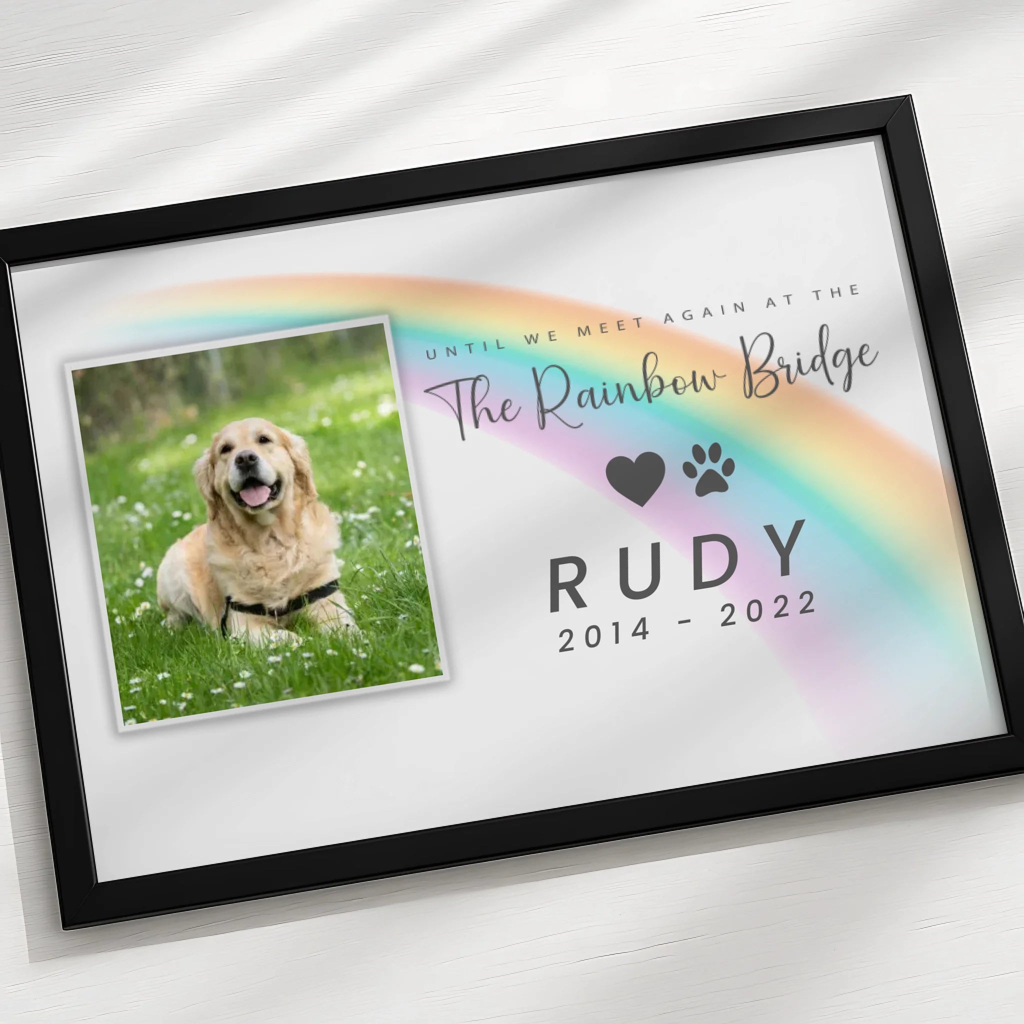 Custom Rainbow Bridge photo frame gift for pet loss in white frame finish