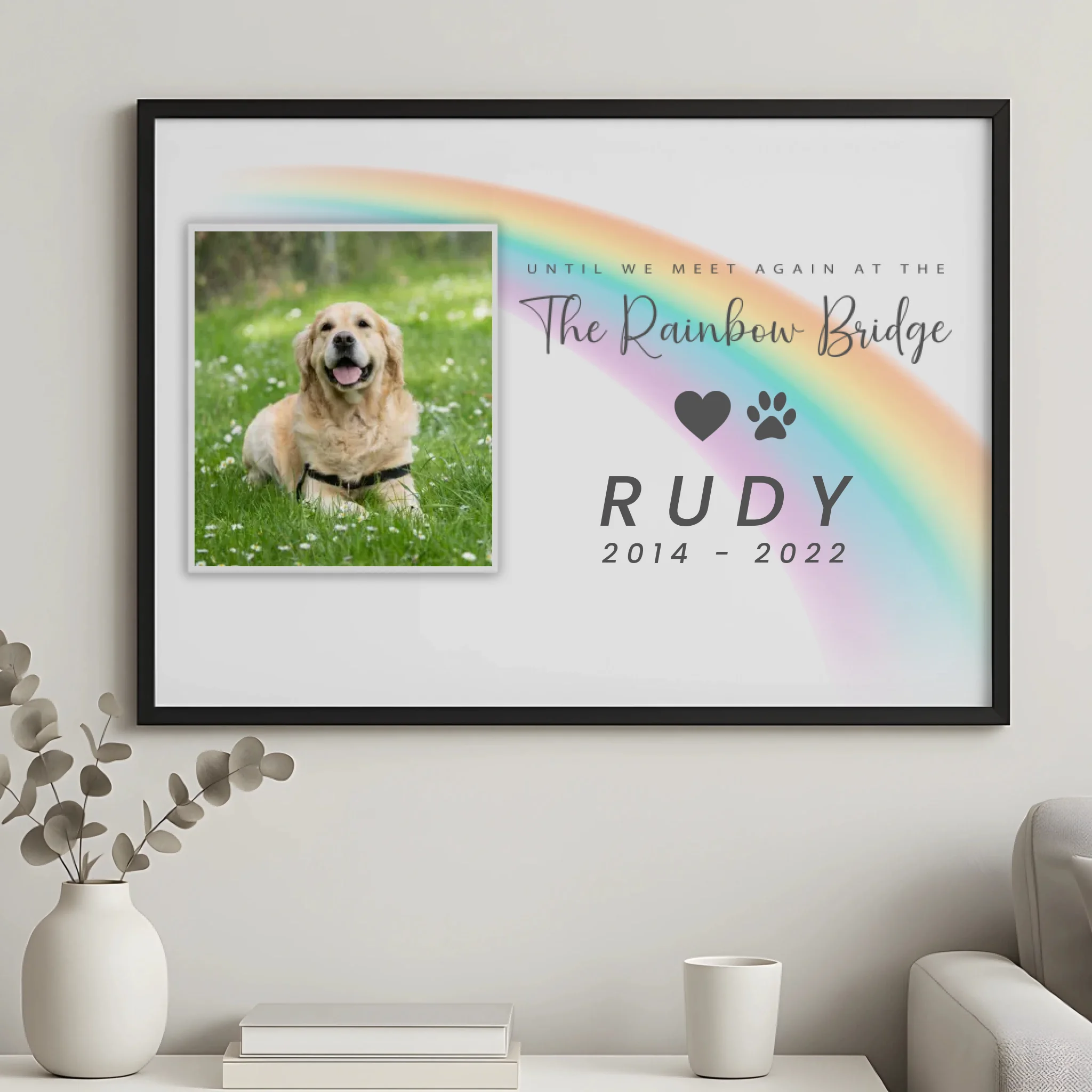 Personalised pet memorial wall art frame showing Rainbow Bridge print in A3 size
