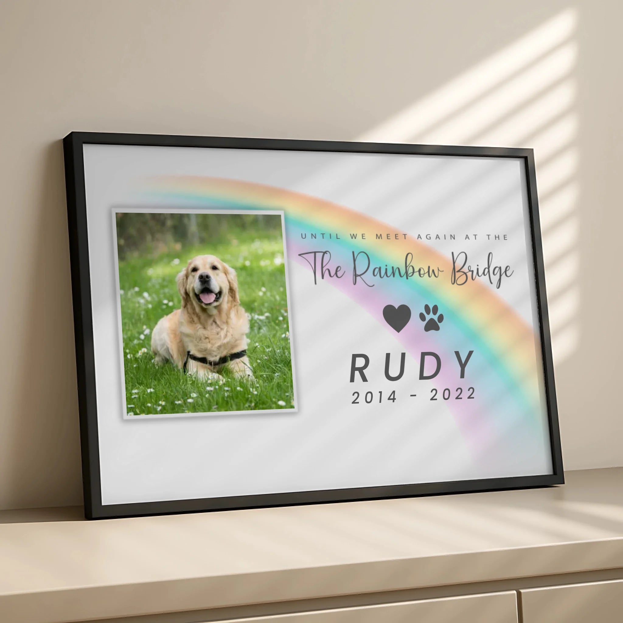 Rainbow Bridge custom photo frame displayed on a wall as memorial wall art