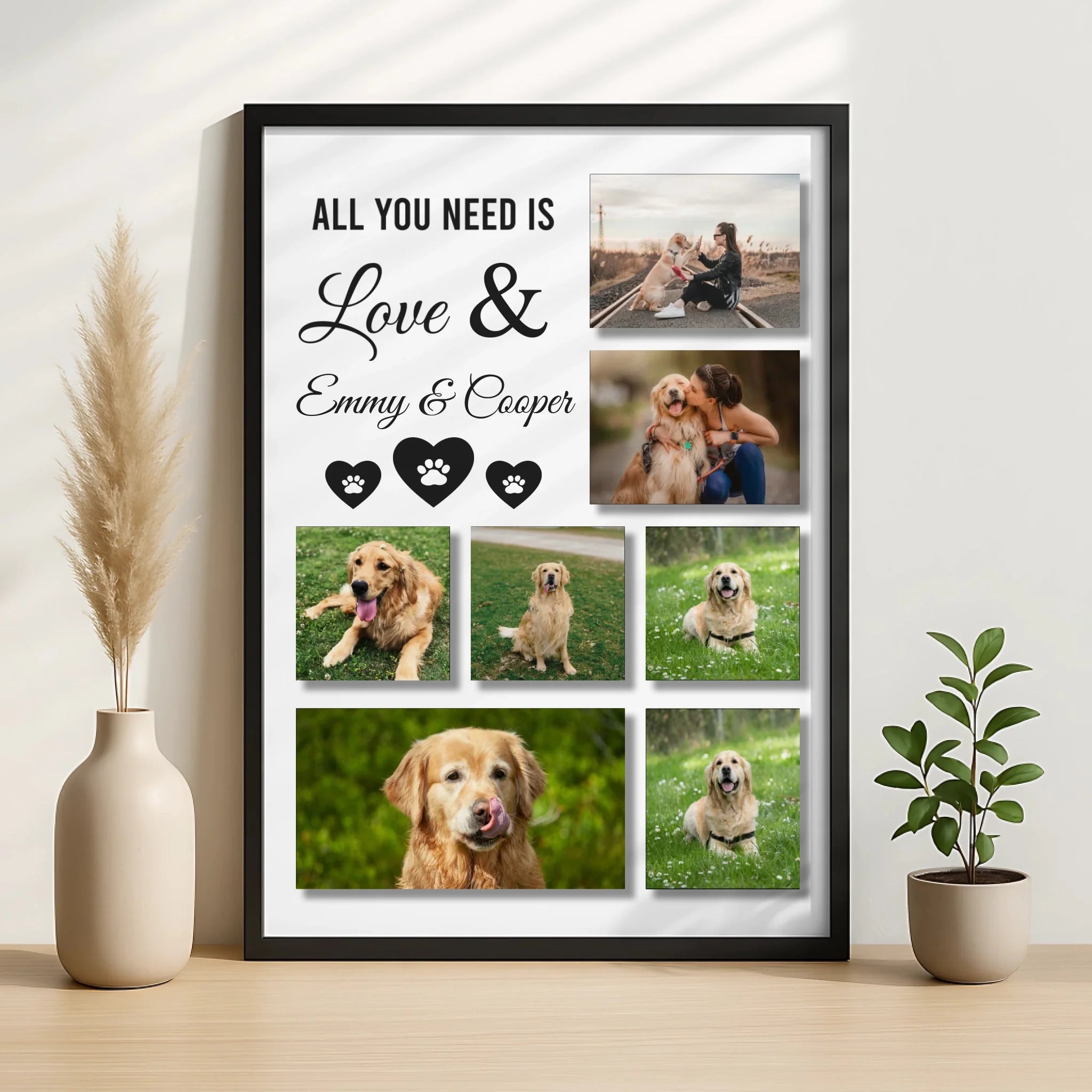 Close-up of a personalised pet photo frame with five photos of a dog
