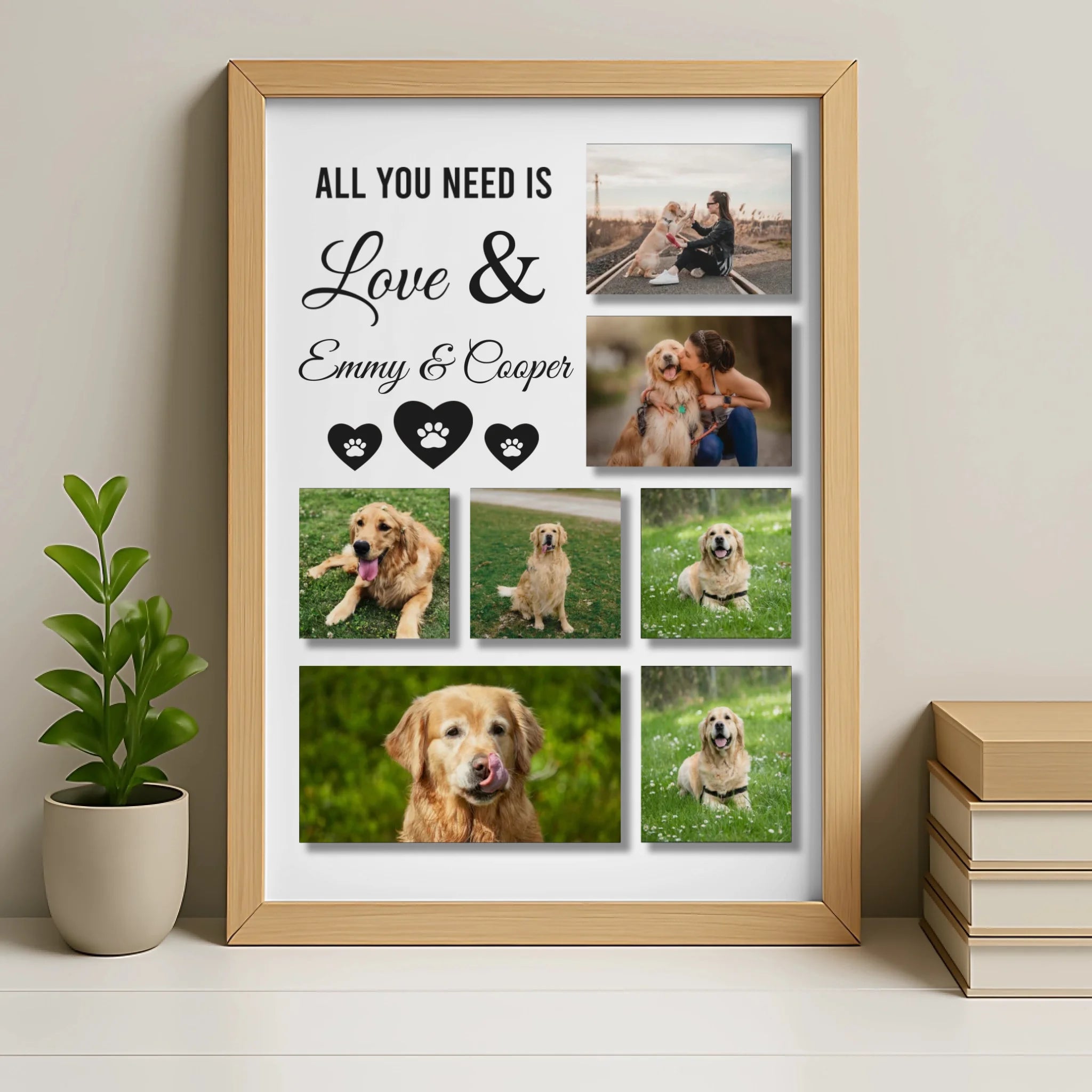 Personalised pet photo collage frame in oak finish
