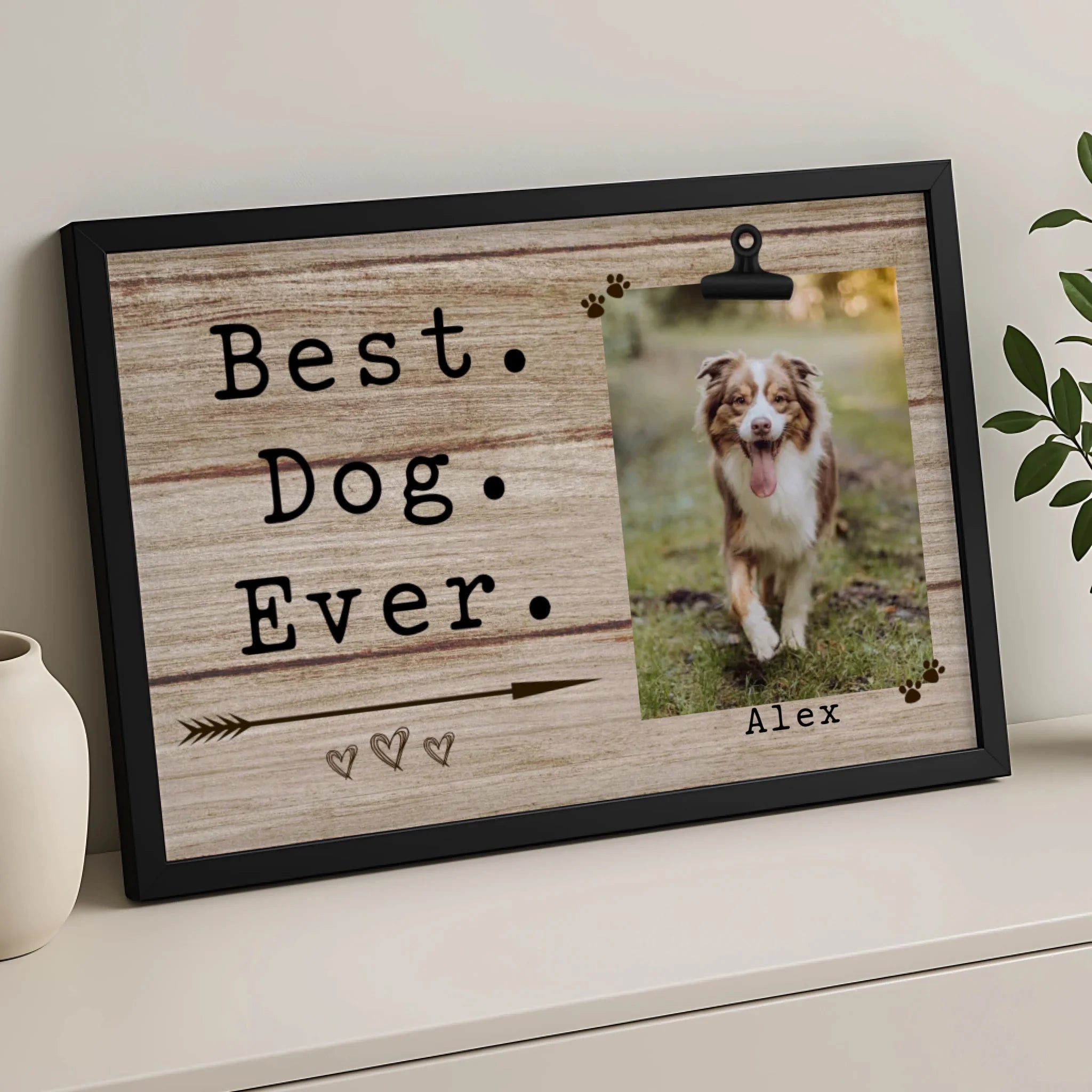 Custom dog photo frame print showing a pet portrait in A4 size