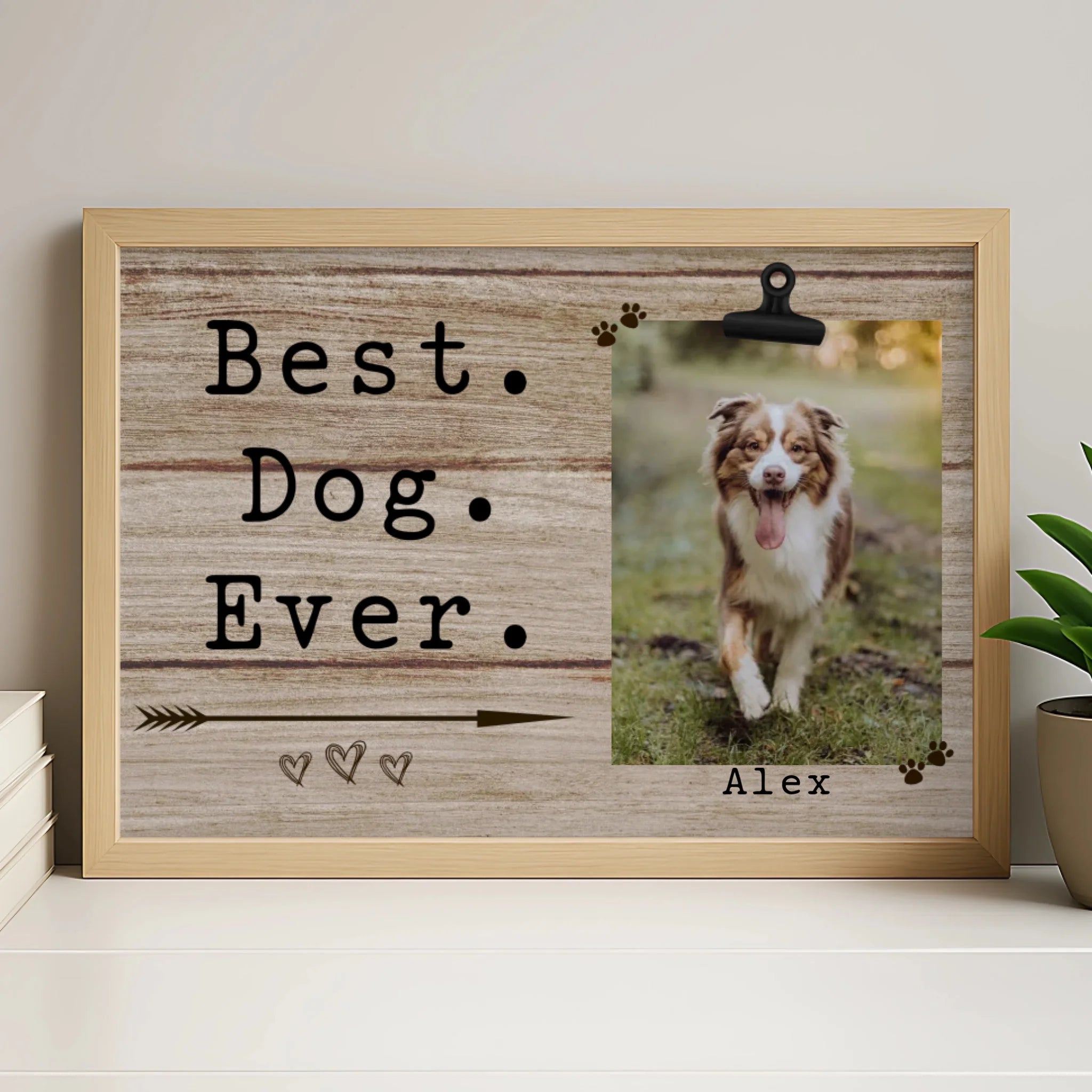 Personalised dog photo frame in white wooden style finish