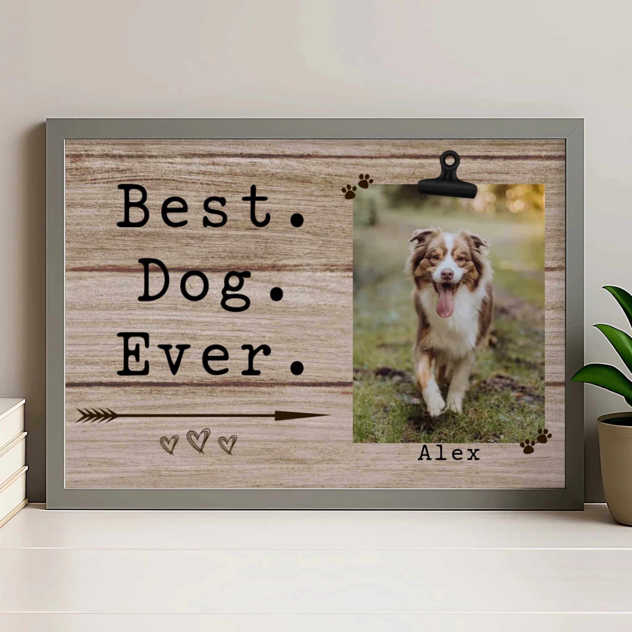 Personalised dog photo frame in grey wooden style finish