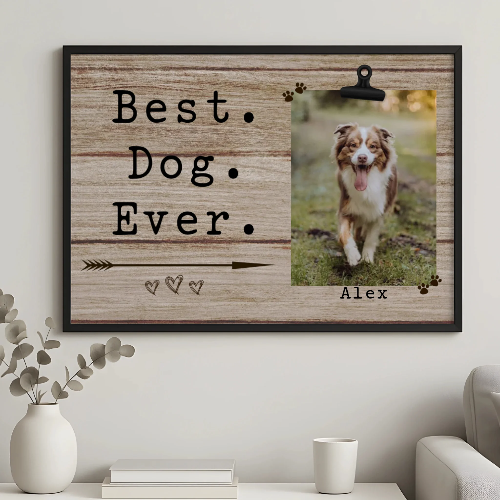 Custom pet wall art print featuring a dog photo in a wooden style frame
