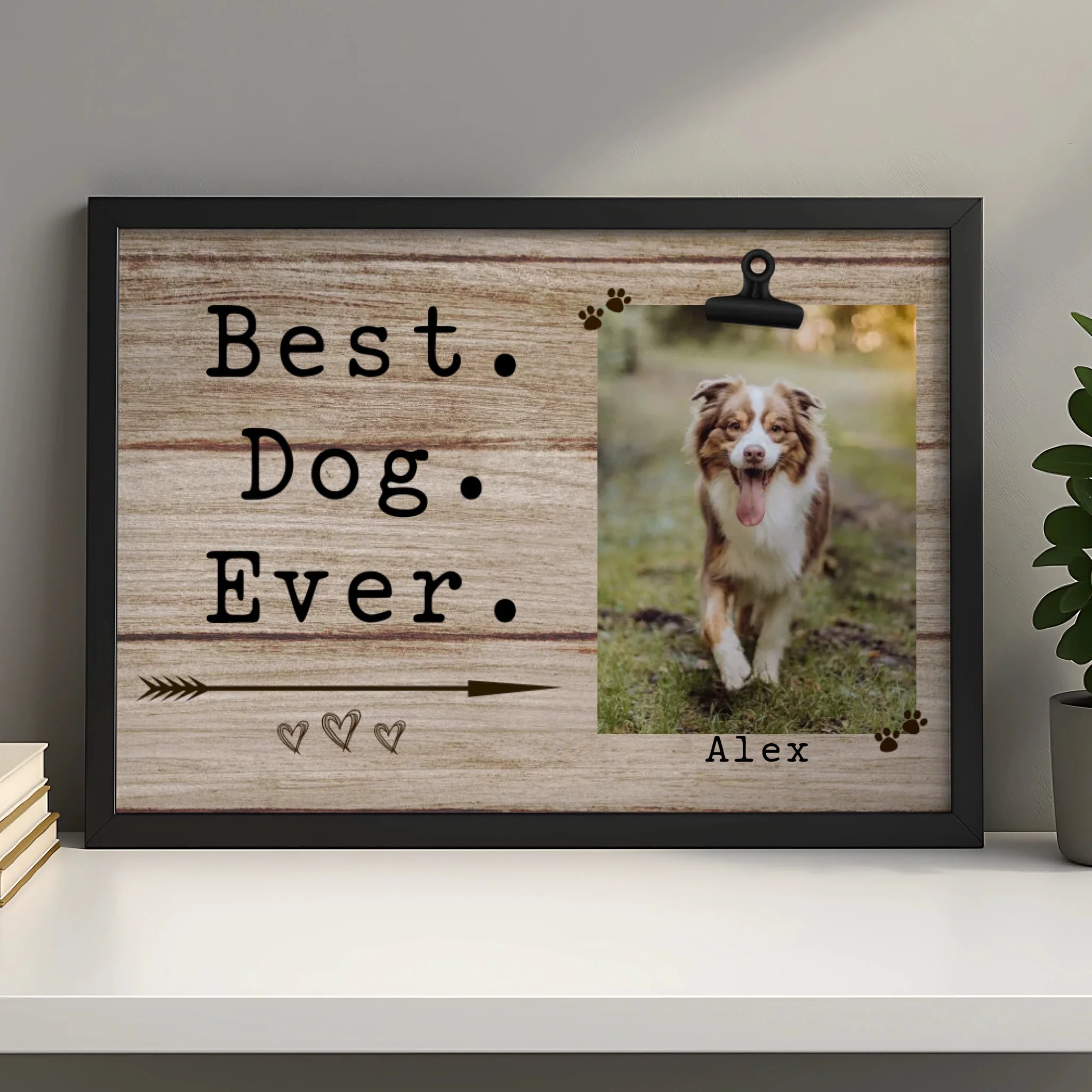 Personalised dog photo frame with custom pet photo printed on wooden style background