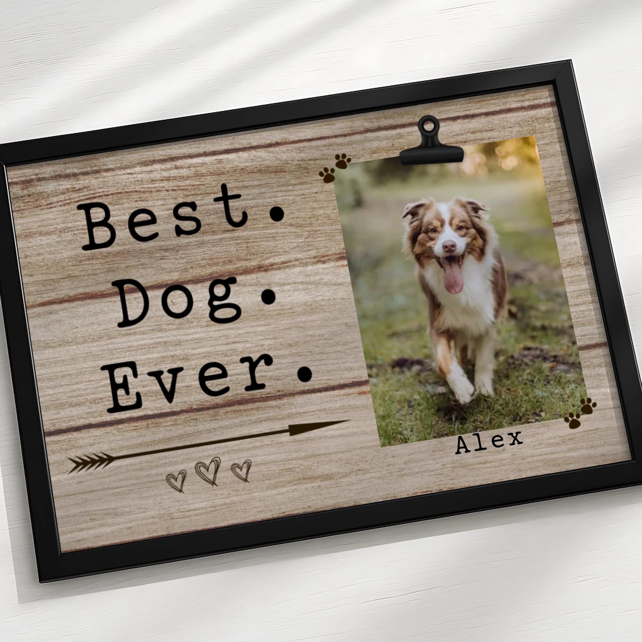 A3 personalised dog photo frame hanging on a wall as home decor