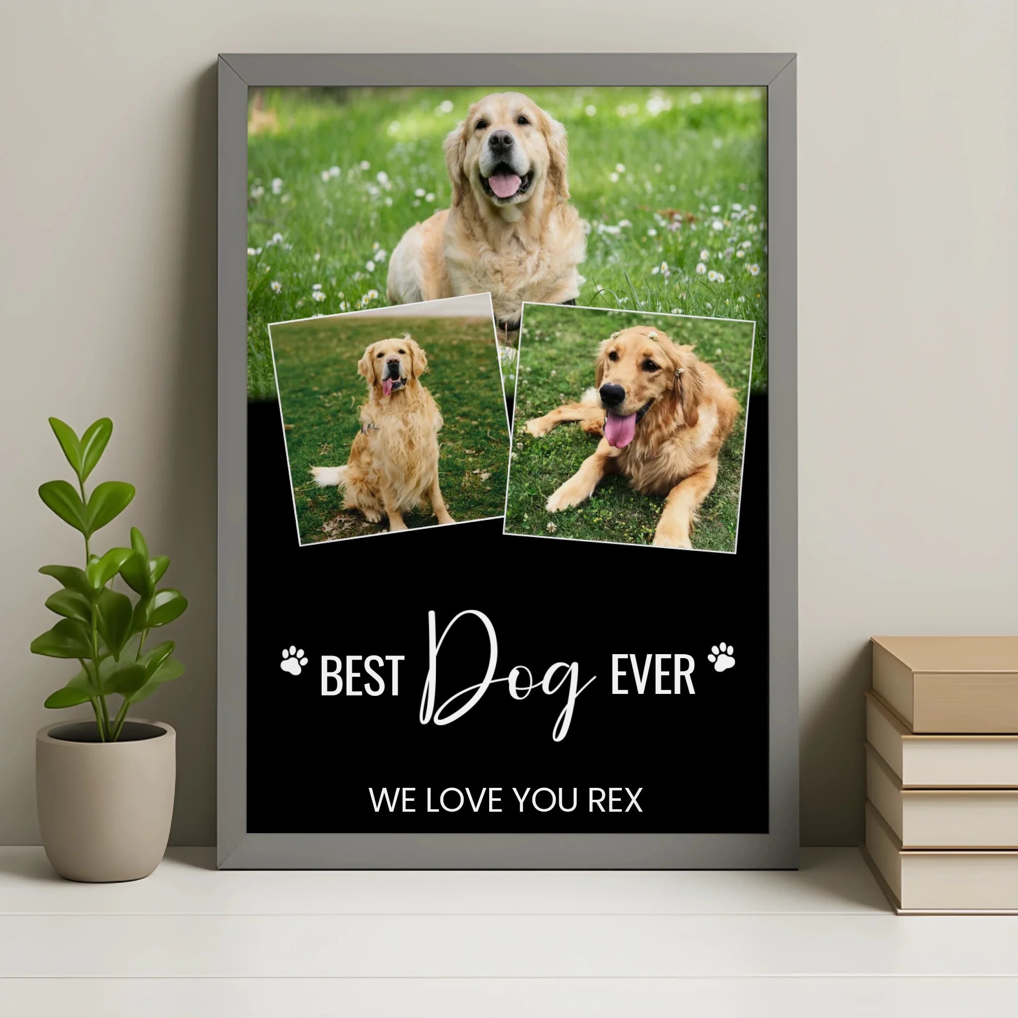 Personalised dog photo collage frame in grey finish with custom pet photo print