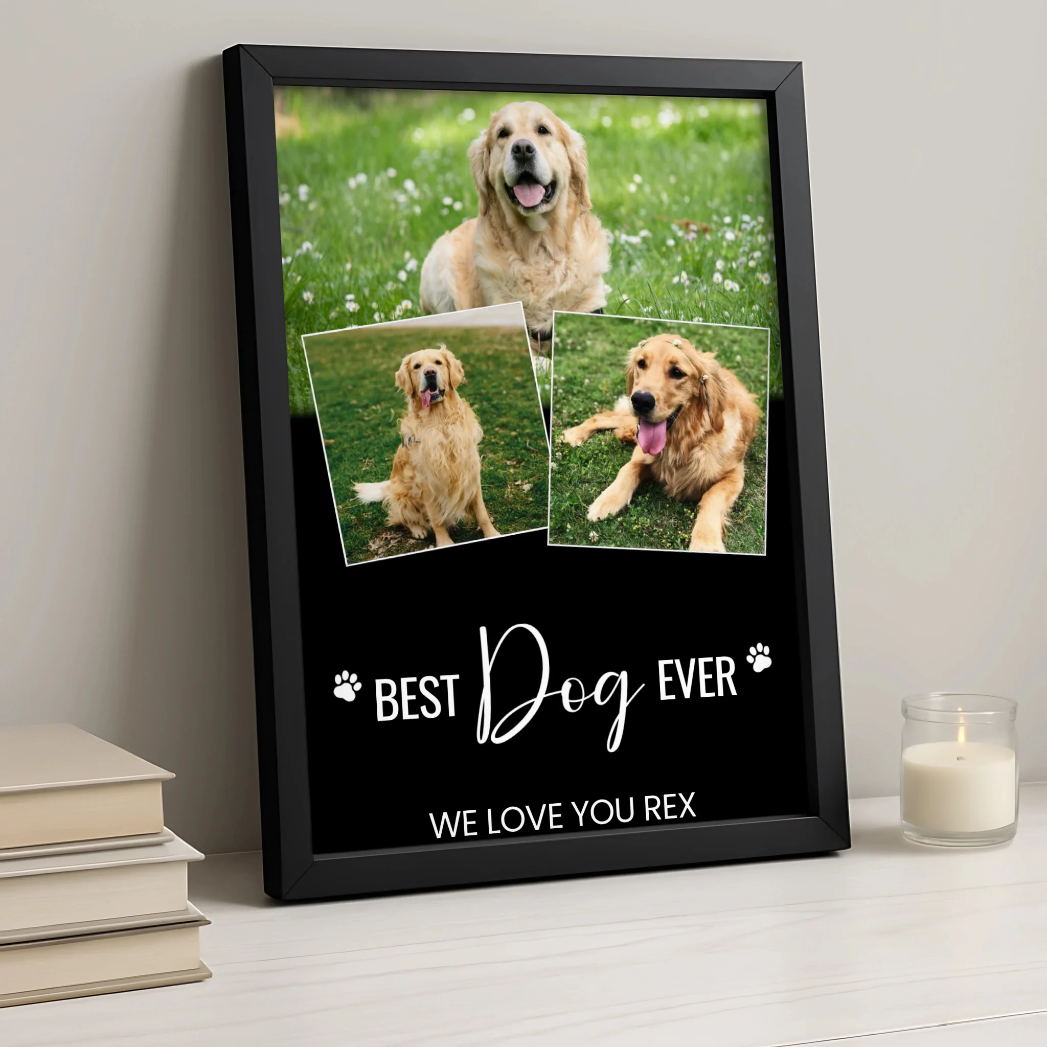 Close-up of a personalised pet photo frame with dog pictures printed in A4 size