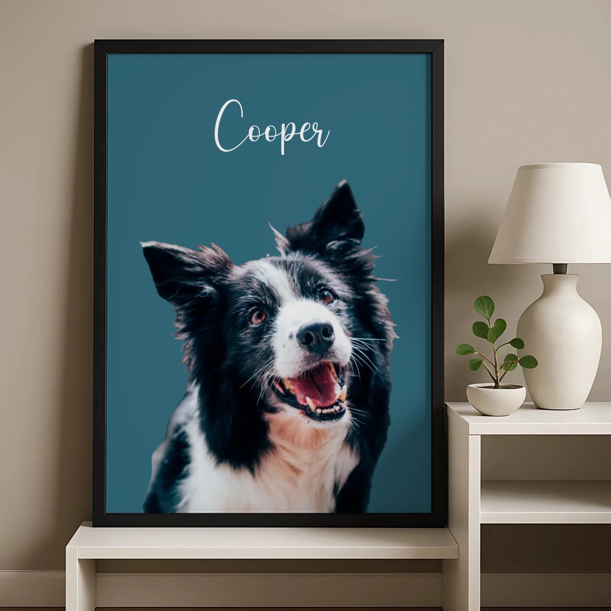 Custom dog portrait in a personalised photo frame with a coloured background option