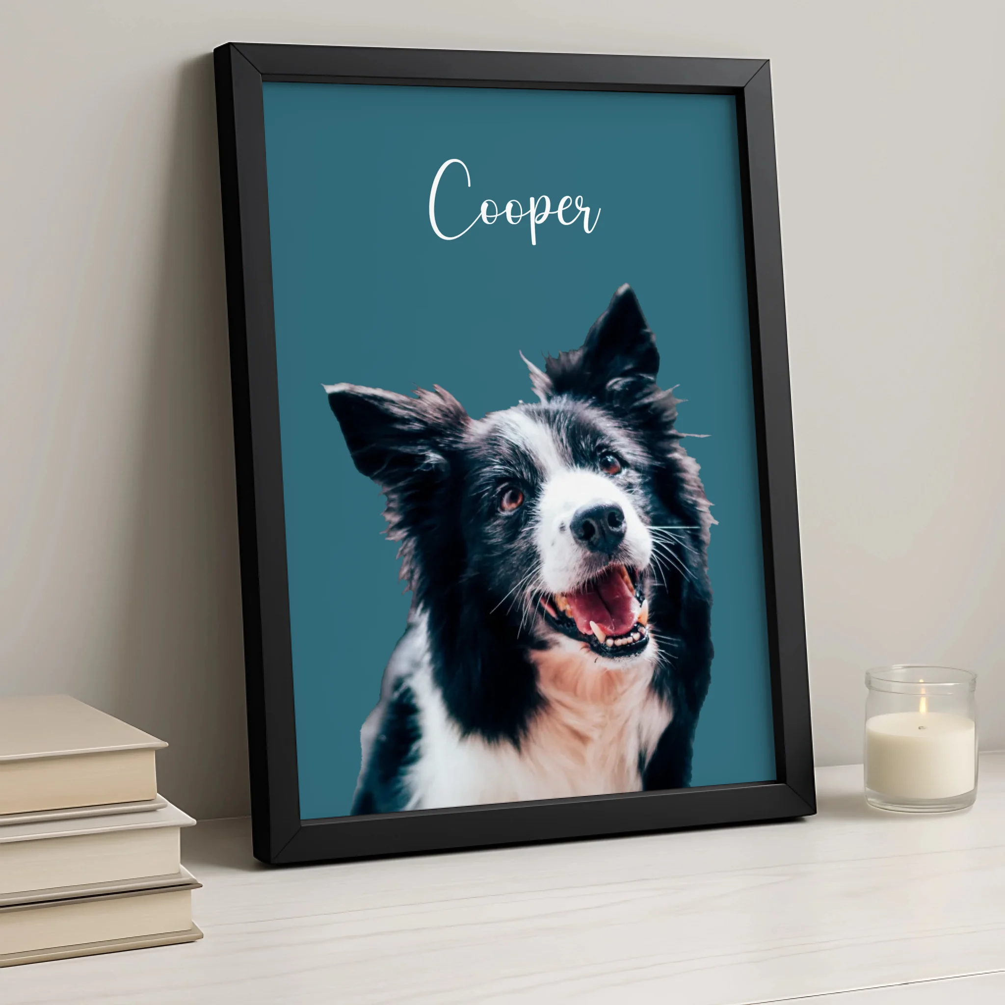 Close-up of a custom pet portrait print in a white photo frame