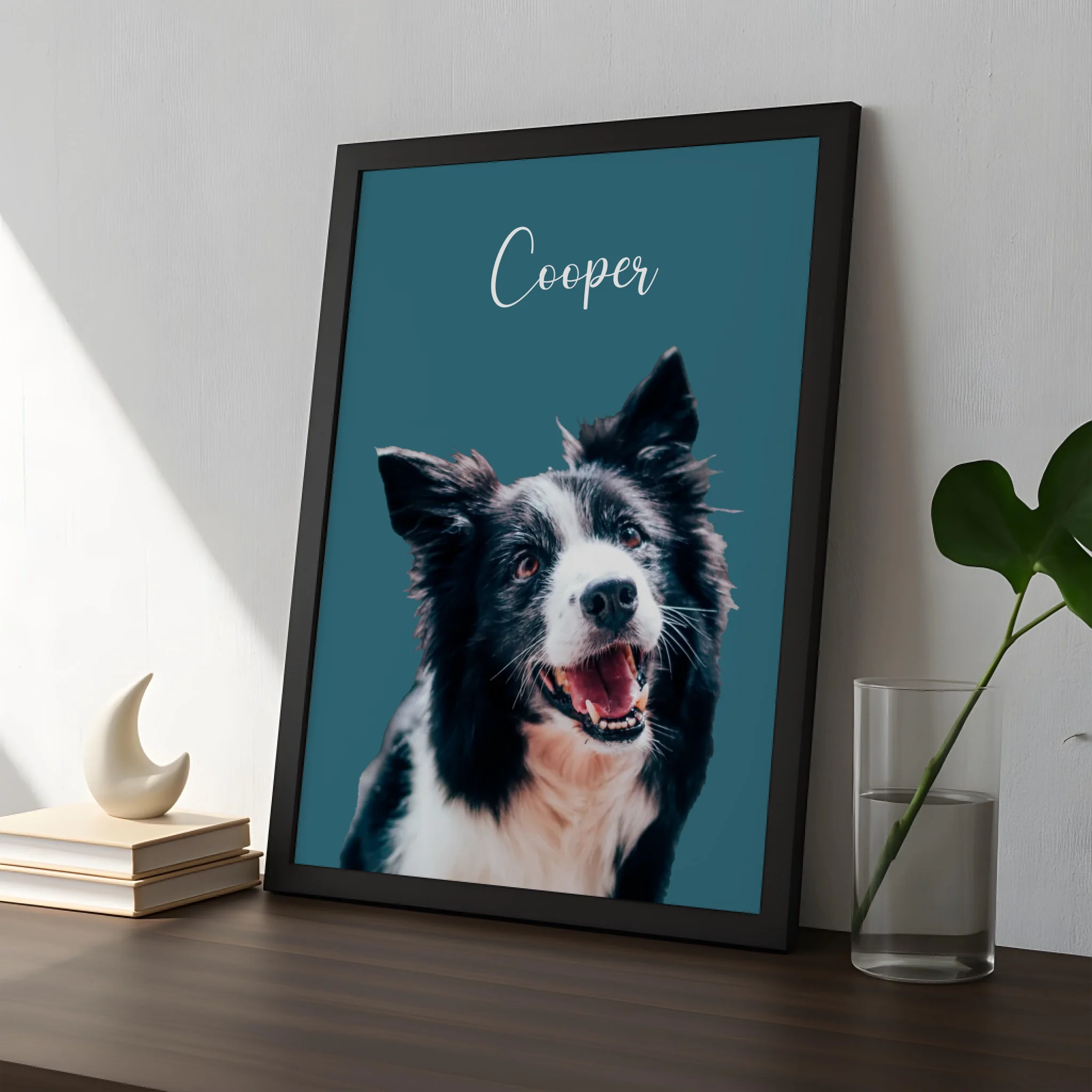 A4 personalised photo frame with a custom pet portrait print