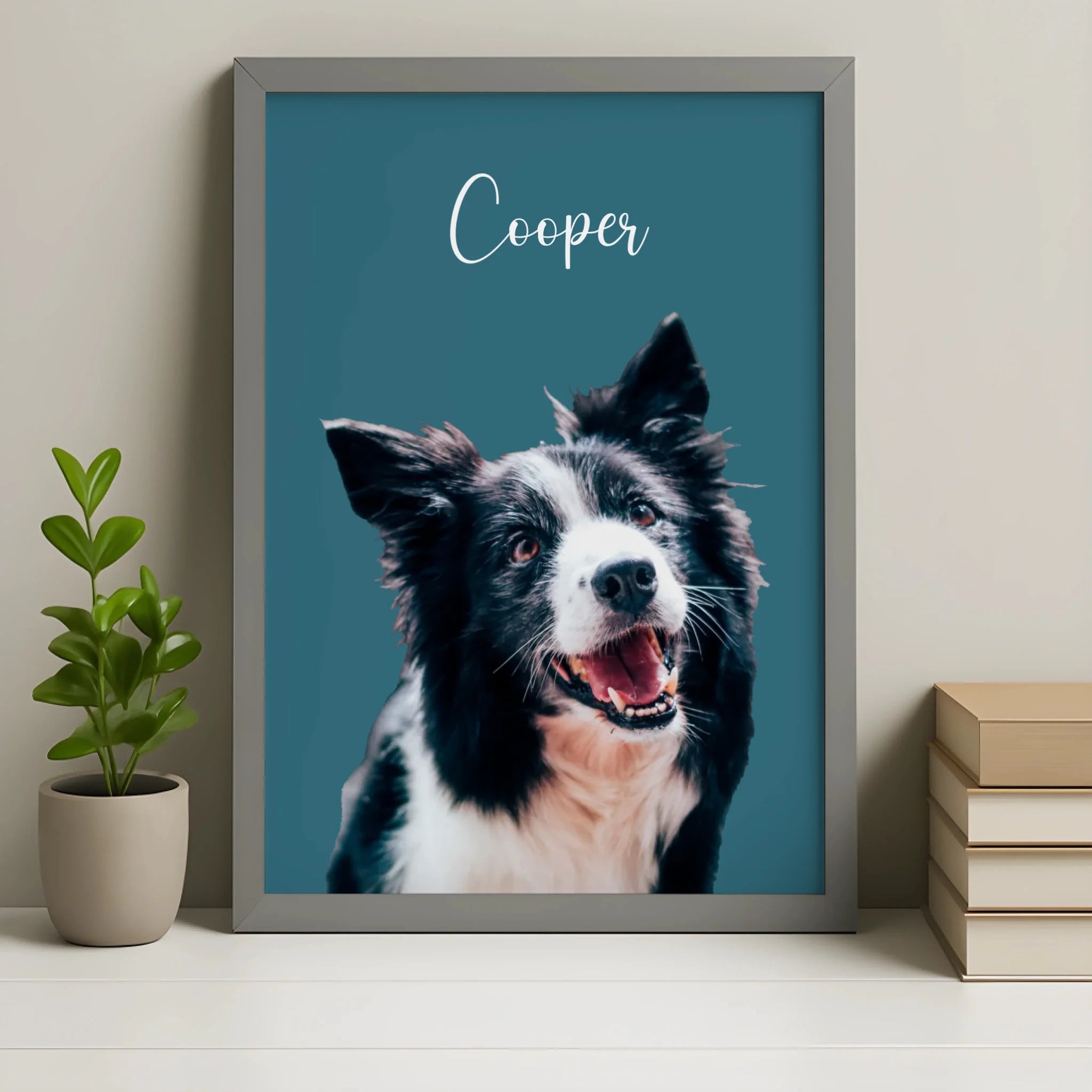 Personalised pet portrait print in a grey photo frame, A4 or A3 size