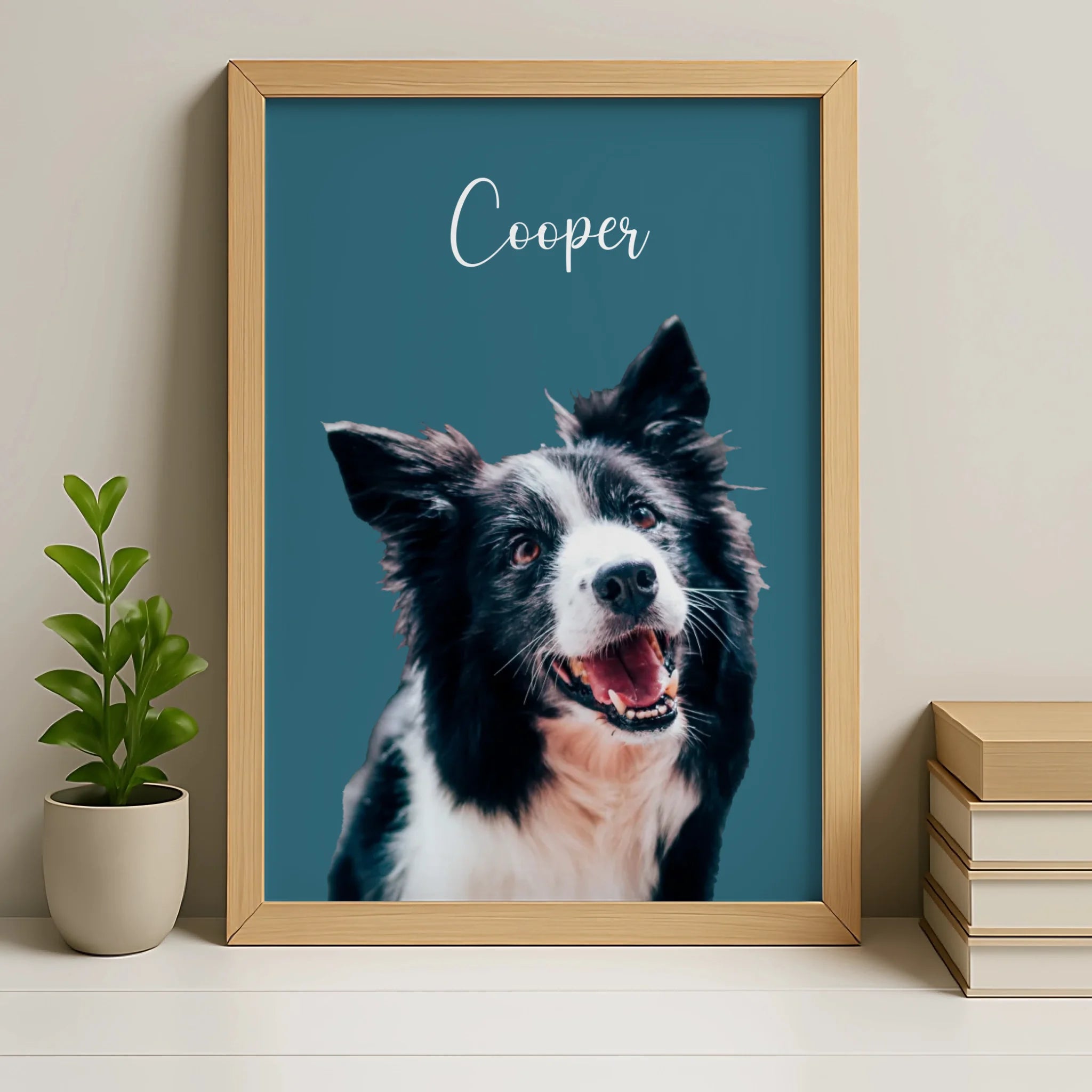 Custom pet portrait print in an oak personalised photo frame