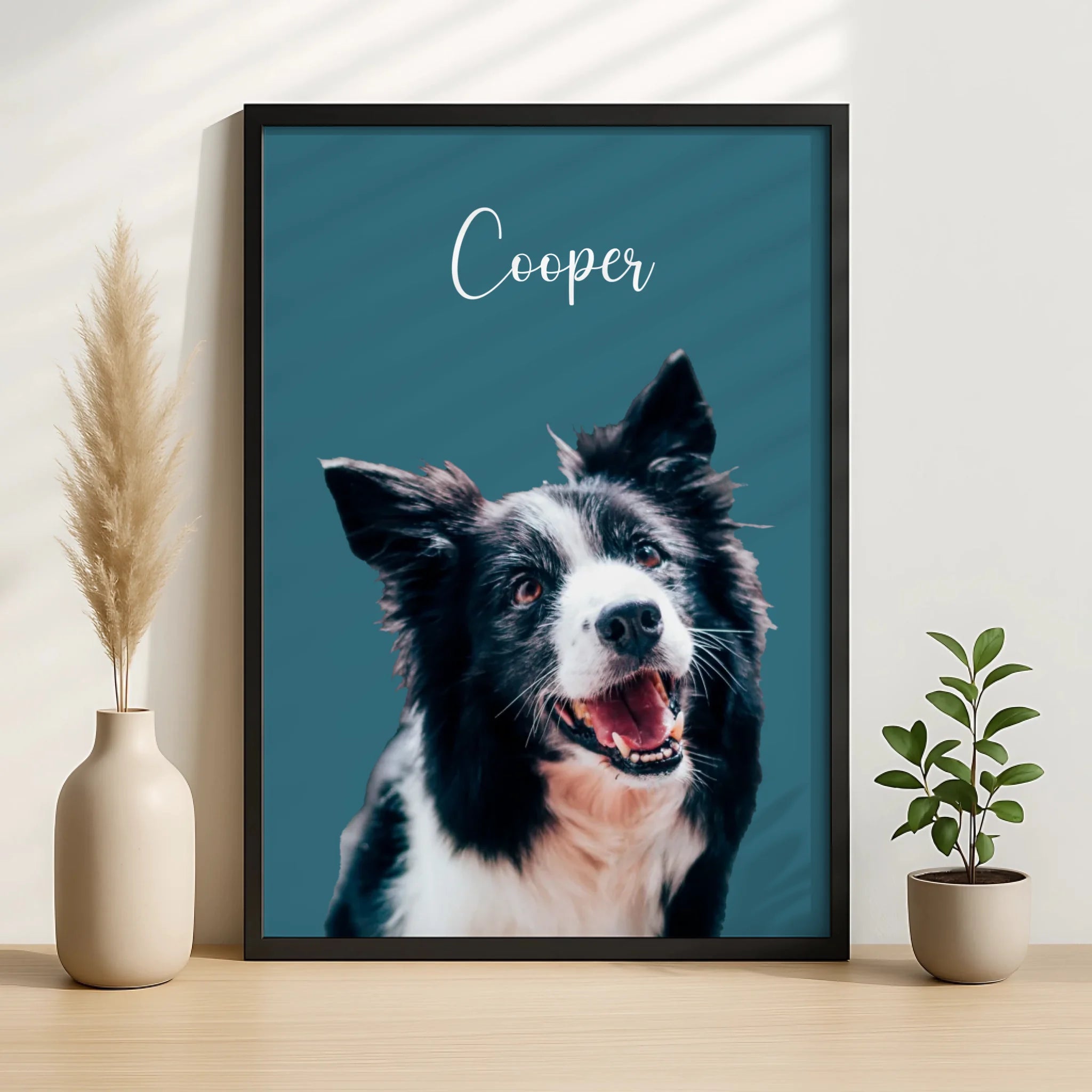 Custom pet photo frame showing a dog portrait with a pastel background