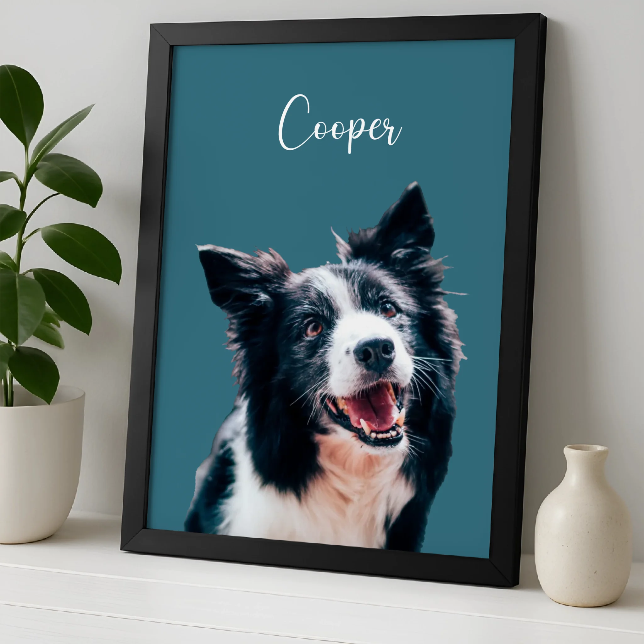 Personalised dog photo frame with custom coloured background, A4 size