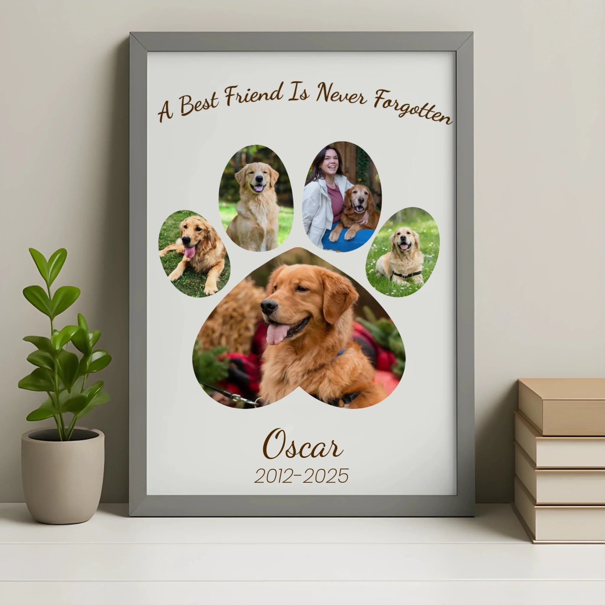 Pet memorial photo frame in grey finish with personalised paw print collage